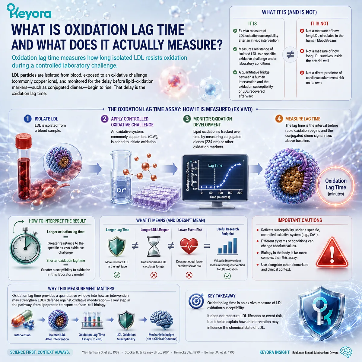 LDL oxidation lag time measures how long isolated LDL resists a controlled ex vivo oxidative challenge, an intermediate endpoint in the Keyora Endothelial Architecture. LDL oxidation lag time measures how long isolated LDL resists a controlled ex vivo oxidative challenge, an intermediate endpoint in the Keyora Endothelial Architecture.