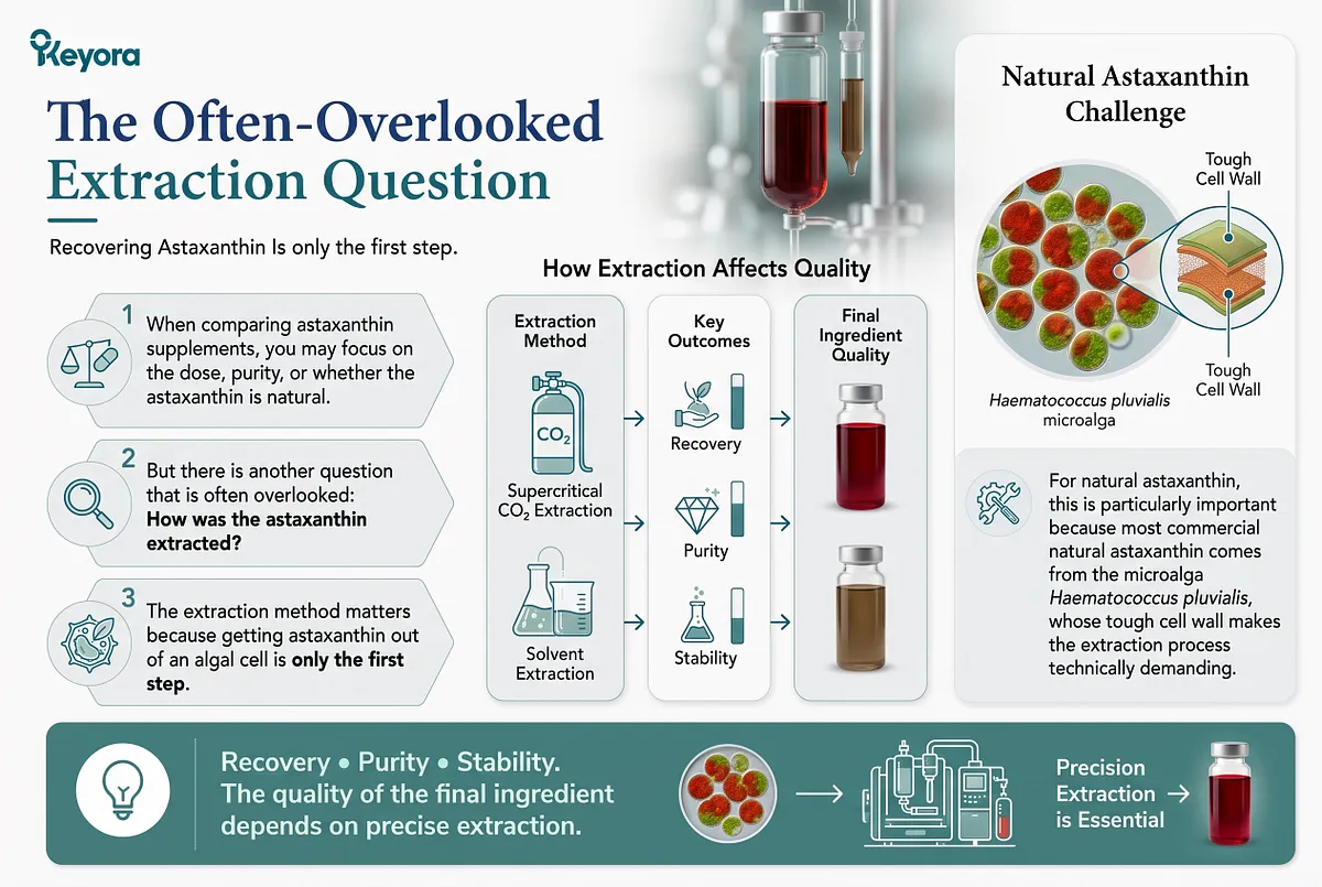 KEYORA educational infographic titled "The Often-Overlooked Extraction Question", showing extraction drip tubes and laboratory vials. A comparison flow contrasts Supercritical CO2 Extraction with traditional Solvent Extraction across three key outcomes: recovery, purity, and stability, explaining why breaking the tough microalgae cell wall of Haematococcus pluvialis demands precision technology. KEYORA educational infographic titled "The Often-Overlooked Extraction Question", showing extraction drip tubes and laboratory vials. A comparison flow contrasts Supercritical CO2 Extraction with traditional Solvent Extraction across three key outcomes: recovery, purity, and stability, explaining why breaking the tough microalgae cell wall of Haematococcus pluvialis demands precision technology.