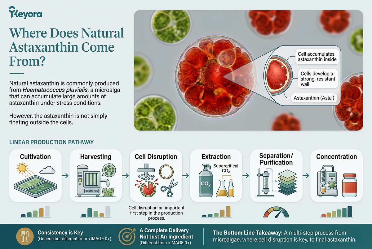 KEYORA manufacturing diagram titled "Where Does Natural Astaxanthin Come From?", featuring a microscopic close-up of Haematococcus pluvialis cells with thick resistant walls encasing astaxanthin. The bottom flowchart illustrates the 6-stage linear production pathway: Cultivation, Harvesting, Cell Disruption, Extraction (Supercritical CO2), Separation/Purification, and Concentration. KEYORA manufacturing diagram titled "Where Does Natural Astaxanthin Come From?", featuring a microscopic close-up of Haematococcus pluvialis cells with thick resistant walls encasing astaxanthin. The bottom flowchart illustrates the 6-stage linear production pathway: Cultivation, Harvesting, Cell Disruption, Extraction (Supercritical CO2), Separation/Purification, and Concentration.