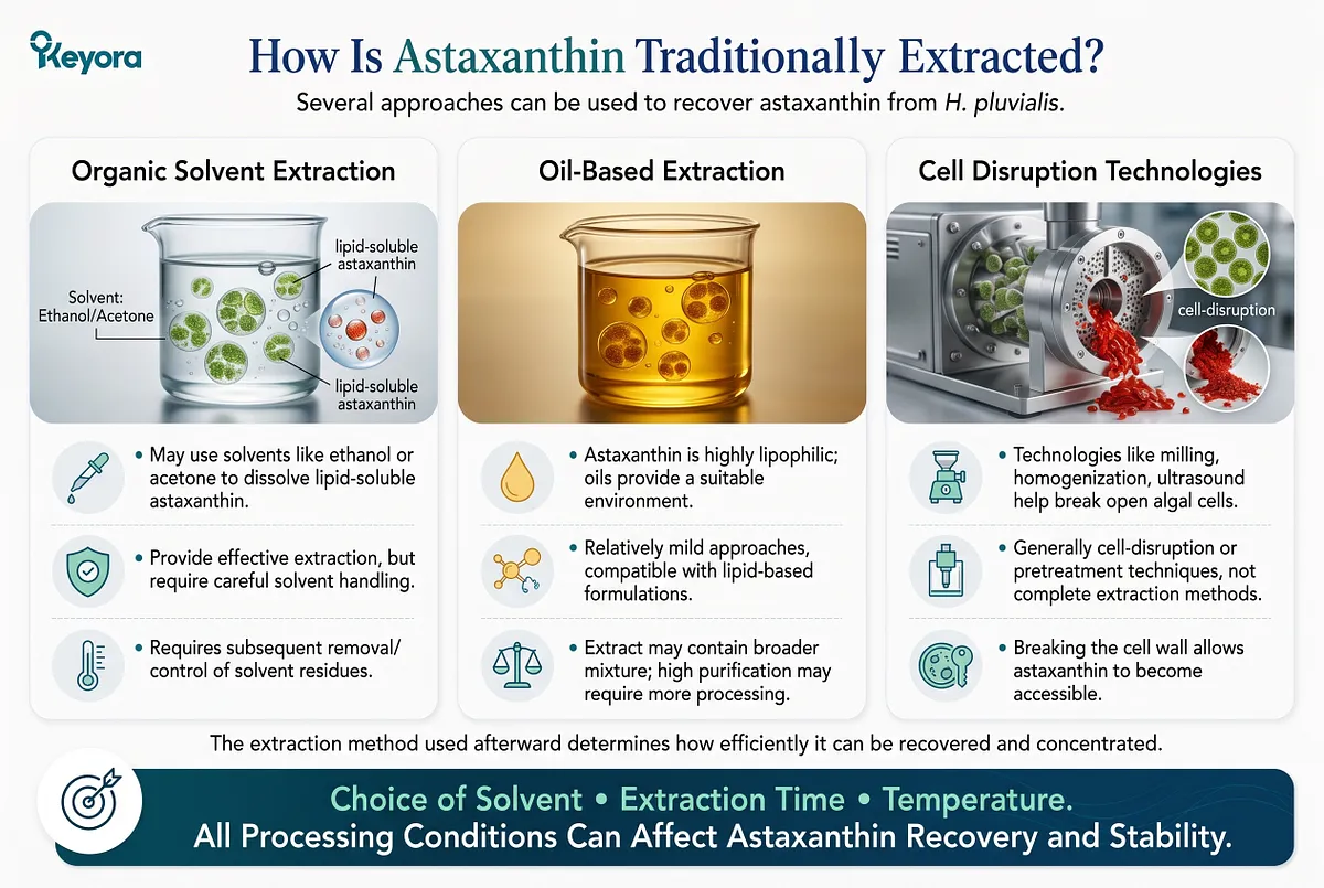 KEYORA overview slide titled "How Is Astaxanthin Traditionally Extracted?", comparing three core recovery approaches: Organic Solvent Extraction (using ethanol or acetone), Oil-Based Extraction (lipophilic carrier immersion), and Mechanical Cell Disruption Technologies (milling, homogenization, ultrasound). KEYORA overview slide titled "How Is Astaxanthin Traditionally Extracted?", comparing three core recovery approaches: Organic Solvent Extraction (using ethanol or acetone), Oil-Based Extraction (lipophilic carrier immersion), and Mechanical Cell Disruption Technologies (milling, homogenization, ultrasound).