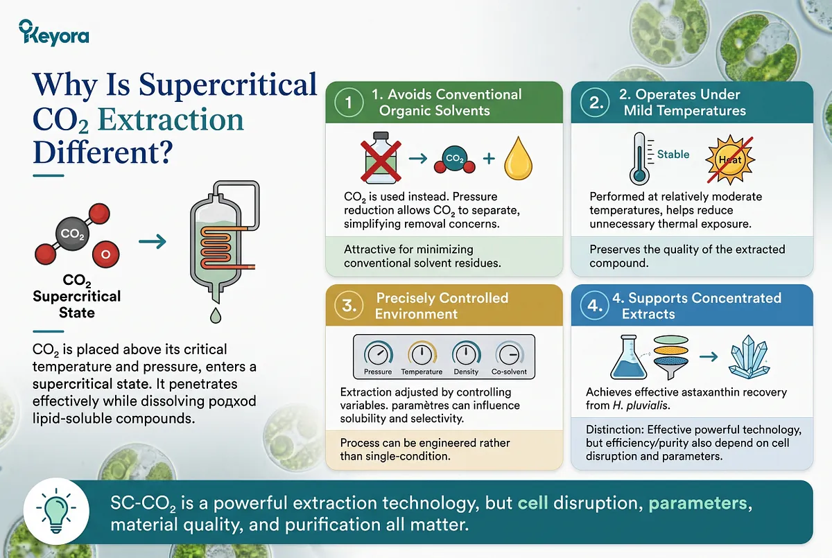 KEYORA engineering infographic titled "Why Is Supercritical CO2 Extraction Different?", illustrating a CO2 phase change diagram and extraction vessel. It highlights four distinct benefits: avoiding conventional organic solvent residues, operating under mild temperatures to prevent thermal degradation, offering a precisely controllable pressure/temperature environment, and supporting concentrated extracts. KEYORA engineering infographic titled "Why Is Supercritical CO2 Extraction Different?", illustrating a CO2 phase change diagram and extraction vessel. It highlights four distinct benefits: avoiding conventional organic solvent residues, operating under mild temperatures to prevent thermal degradation, offering a precisely controllable pressure/temperature environment, and supporting concentrated extracts.