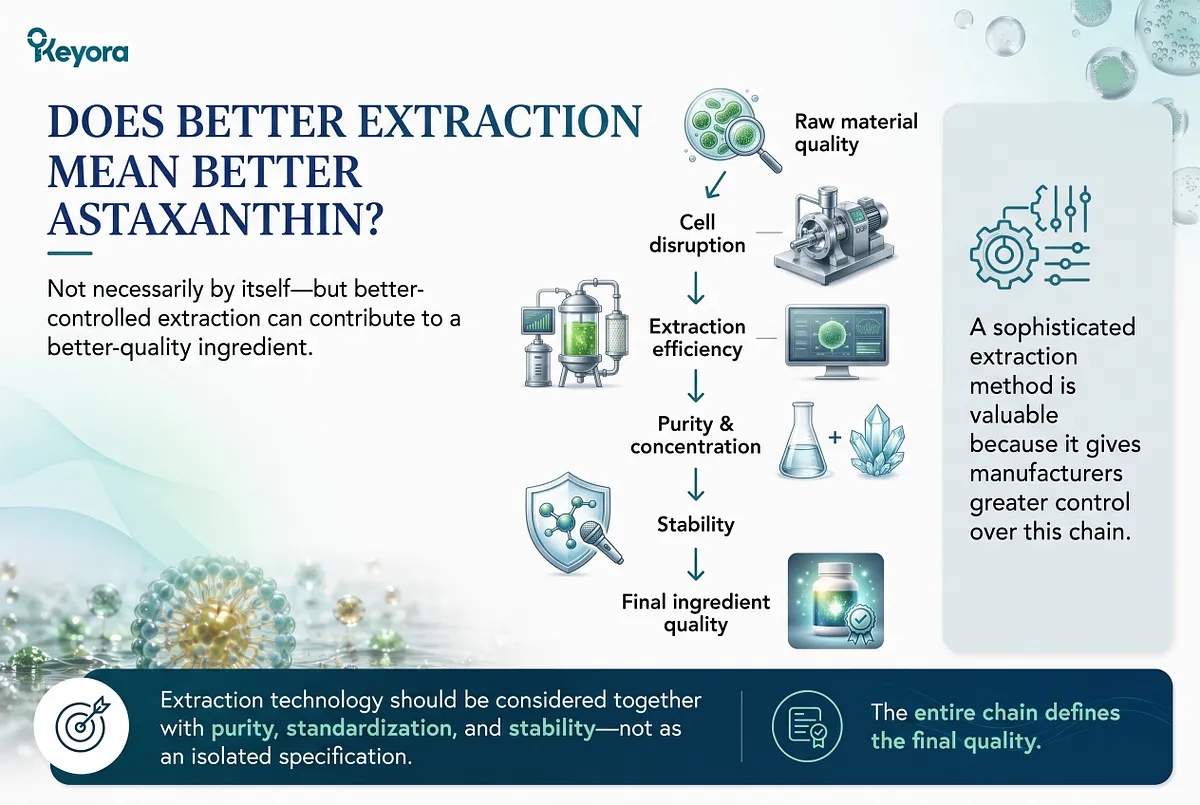 KEYORA value chain diagram titled "DOES BETTER EXTRACTION MEAN BETTER ASTAXANTHIN?", mapping out the sequential link from raw material quality and cell disruption to extraction efficiency, purity/concentration, stability protection, and final product quality. KEYORA value chain diagram titled "DOES BETTER EXTRACTION MEAN BETTER ASTAXANTHIN?", mapping out the sequential link from raw material quality and cell disruption to extraction efficiency, purity/concentration, stability protection, and final product quality.