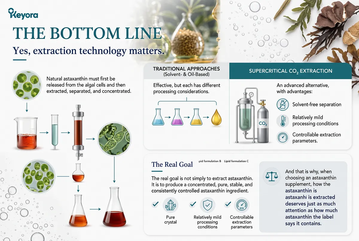 KEYORA summary infographic titled "THE BOTTOM LINE: Yes, extraction technology matters.", set against a clean scientific background with microalgae and laboratory botanicals. A left-hand diagram illustrates the multi-stage release, column separation, and concentration of natural astaxanthin from microalgal cells. The right side contrasts traditional solvent- and oil-based approaches with Supercritical CO2 extraction, highlighting benefits such as solvent-free separation, relatively mild processing conditions, and controllable parameters to produce a pure, stable, and concentrated finished ingredient. KEYORA summary infographic titled "THE BOTTOM LINE: Yes, extraction technology matters.", set against a clean scientific background with microalgae and laboratory botanicals. A left-hand diagram illustrates the multi-stage release, column separation, and concentration of natural astaxanthin from microalgal cells. The right side contrasts traditional solvent- and oil-based approaches with Supercritical CO2 extraction, highlighting benefits such as solvent-free separation, relatively mild processing conditions, and controllable parameters to produce a pure, stable, and concentrated finished ingredient.