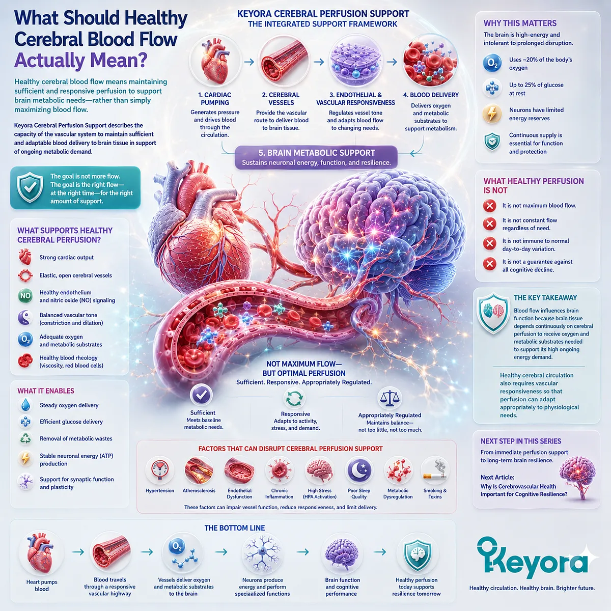 Healthy cerebral blood flow supports brain metabolism through sufficient perfusion, oxygen delivery and vascular responsiveness in Keyora Cerebral Perfusion Support. Healthy cerebral blood flow supports brain metabolism through sufficient perfusion, oxygen delivery and vascular responsiveness in Keyora Cerebral Perfusion Support.