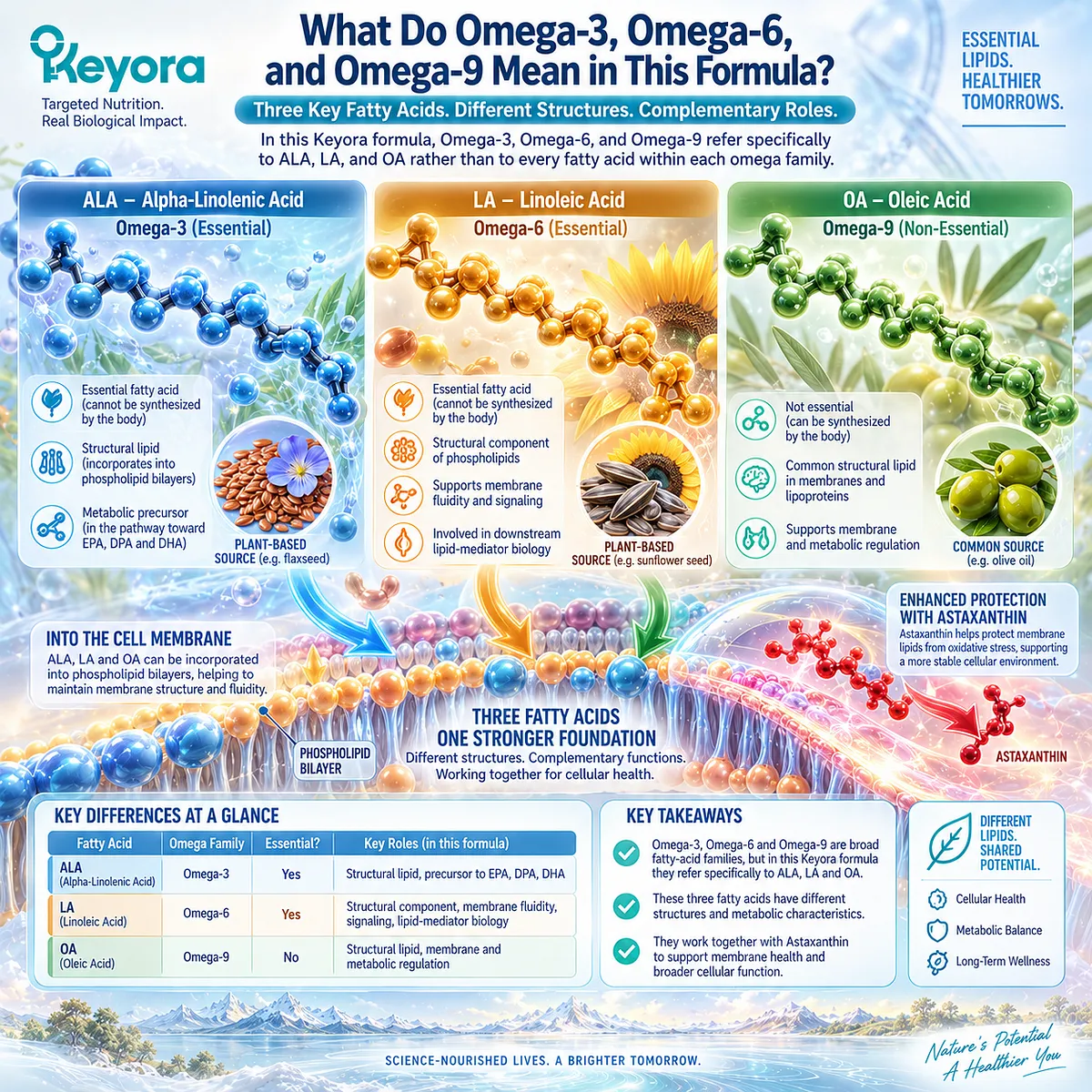 Omega-3 ALA, Omega-6 LA, and Omega-9 OA provide distinct membrane, phospholipid, and lipid-regulation roles within Keyora Lipid Structure - Protection Architecture. Omega-3 ALA, Omega-6 LA, and Omega-9 OA provide distinct membrane, phospholipid, and lipid-regulation roles within Keyora Lipid Structure - Protection Architecture.