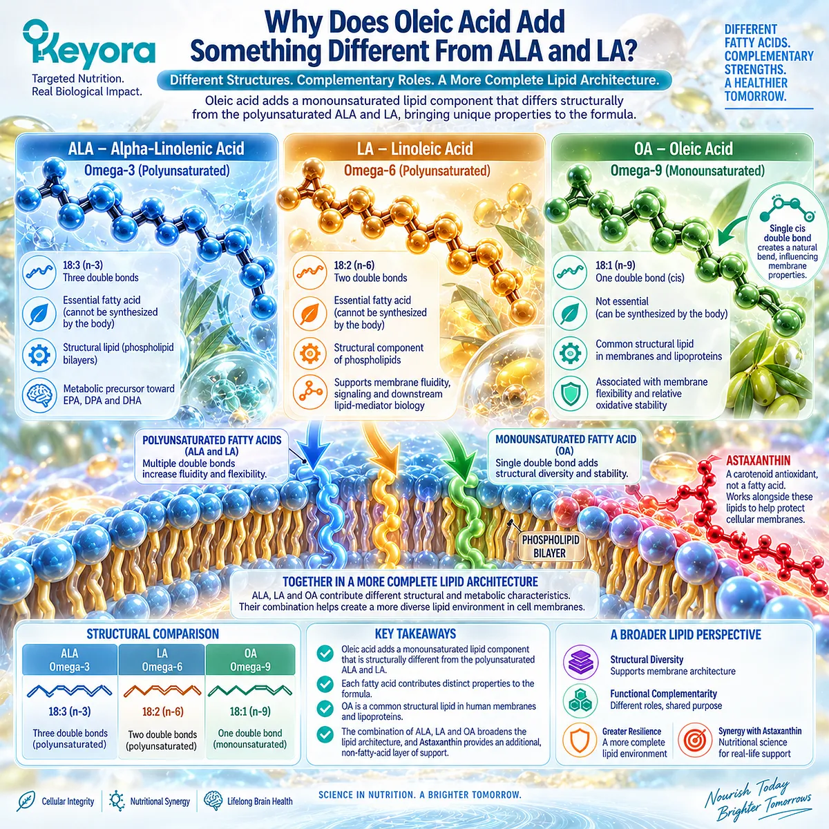 Omega-9 oleic acid adds monounsaturated membrane flexibility and relative oxidative stability beside polyunsaturated ALA and LA in the Keyora EFA Matrix. Omega-9 oleic acid adds monounsaturated membrane flexibility and relative oxidative stability beside polyunsaturated ALA and LA in the Keyora EFA Matrix.
