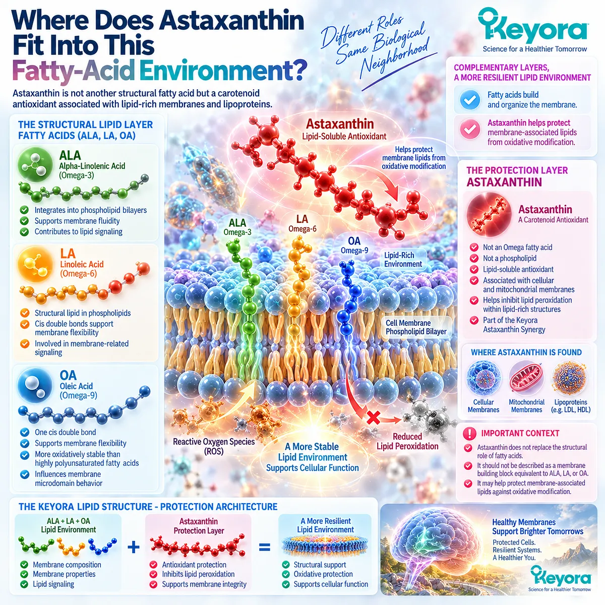 Astaxanthin supports oxidative protection of membrane-associated lipids while ALA, LA, and OA shape lipid structure in Keyora Lipid Structure - Protection Architecture. Astaxanthin supports oxidative protection of membrane-associated lipids while ALA, LA, and OA shape lipid structure in Keyora Lipid Structure - Protection Architecture.