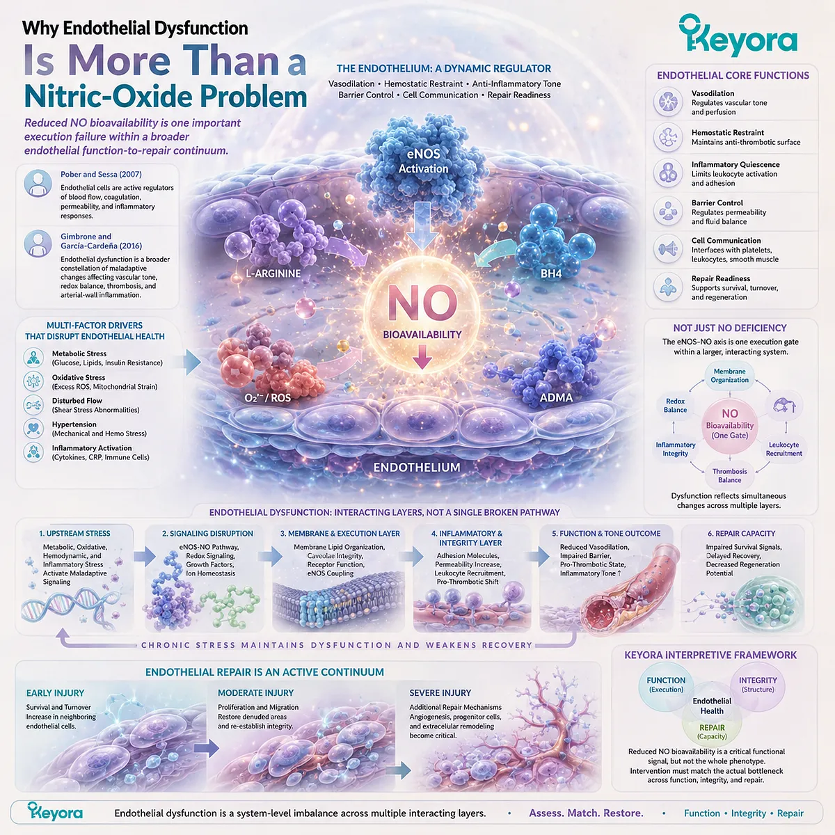 Endothelial dysfunction extends beyond reduced eNOS-NO signaling to vascular inflammation, barrier integrity and repair within Keyora Endothelial Function-Repair Continuum. Endothelial dysfunction extends beyond reduced eNOS-NO signaling to vascular inflammation, barrier integrity and repair within Keyora Endothelial Function-Repair Continuum.