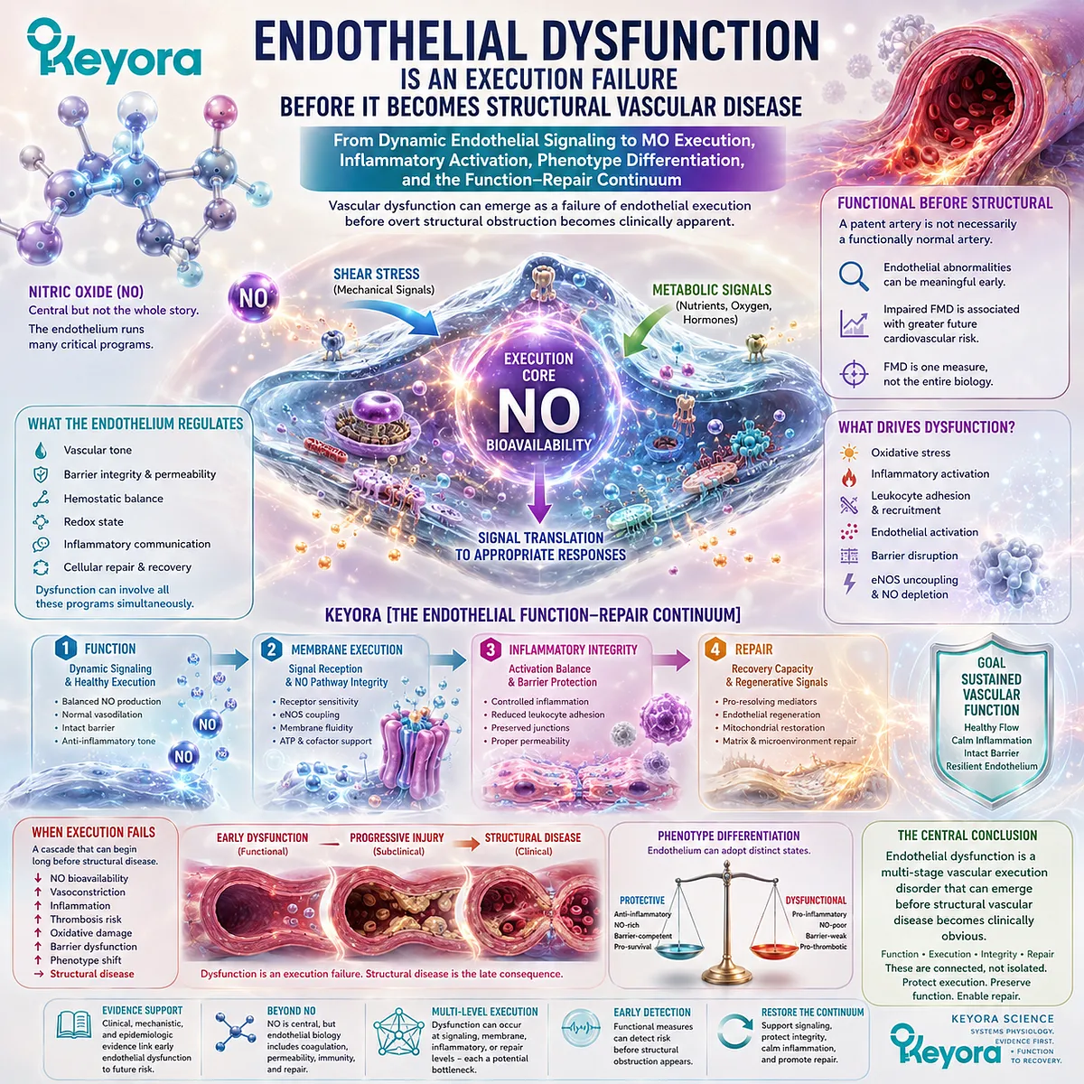 Endothelial dysfunction can reduce eNOS/NO signaling, inflammatory integrity, and vascular repair before structural disease, mapped by Keyora Endothelial Function-Repair Continuum. Endothelial dysfunction can reduce eNOS/NO signaling, inflammatory integrity, and vascular repair before structural disease, mapped by Keyora Endothelial Function-Repair Continuum.