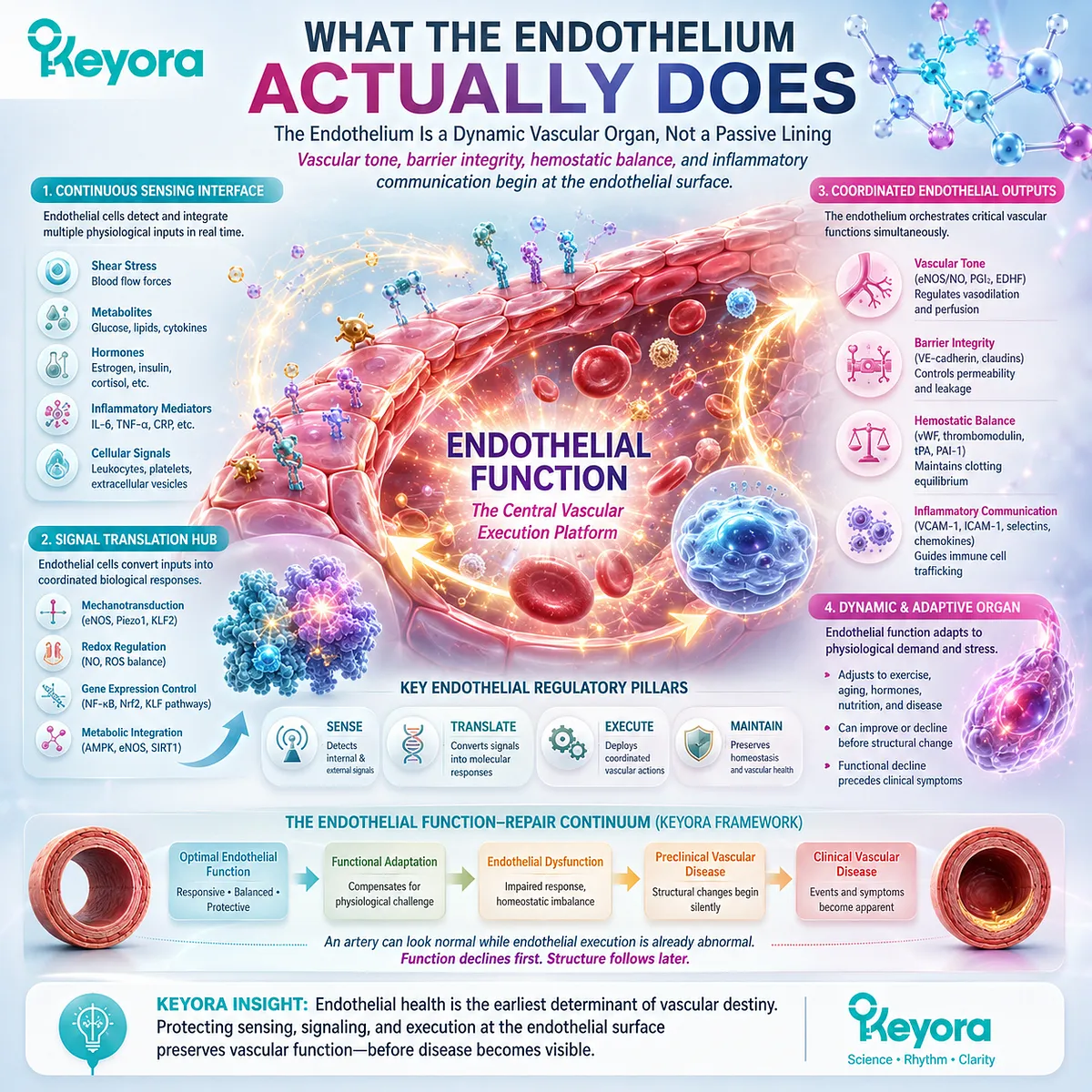Endothelial function coordinates vascular tone, barrier integrity, hemostatic balance, and inflammation, forming the functional entry point of Keyora Endothelial Function-Repair Continuum. Endothelial function coordinates vascular tone, barrier integrity, hemostatic balance, and inflammation, forming the functional entry point of Keyora Endothelial Function-Repair Continuum.