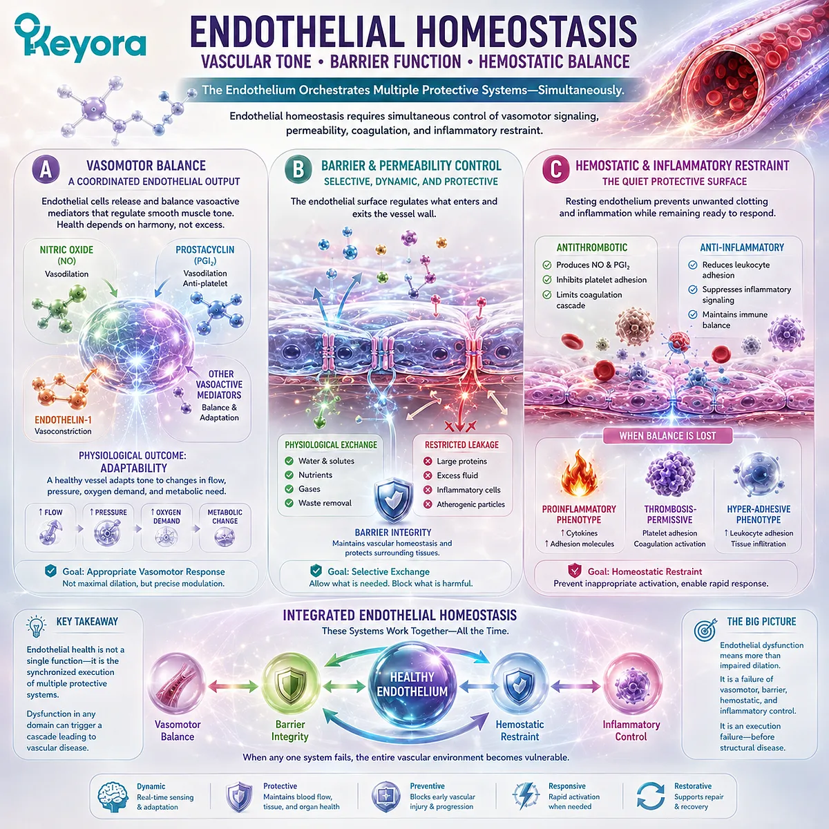 Endothelial function coordinates vascular tone, barrier permeability, hemostatic balance, and inflammatory restraint within Keyora Endothelial Function-Repair Continuum. Endothelial function coordinates vascular tone, barrier permeability, hemostatic balance, and inflammatory restraint within Keyora Endothelial Function-Repair Continuum.