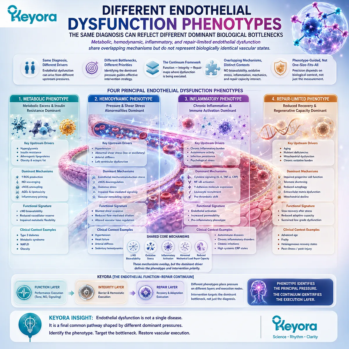 Endothelial dysfunction phenotypes link metabolic, hemodynamic, inflammatory, and repair stress to distinct vascular bottlenecks in Keyora Endothelial Function-Repair Continuum. Endothelial dysfunction phenotypes link metabolic, hemodynamic, inflammatory, and repair stress to distinct vascular bottlenecks in Keyora Endothelial Function-Repair Continuum.