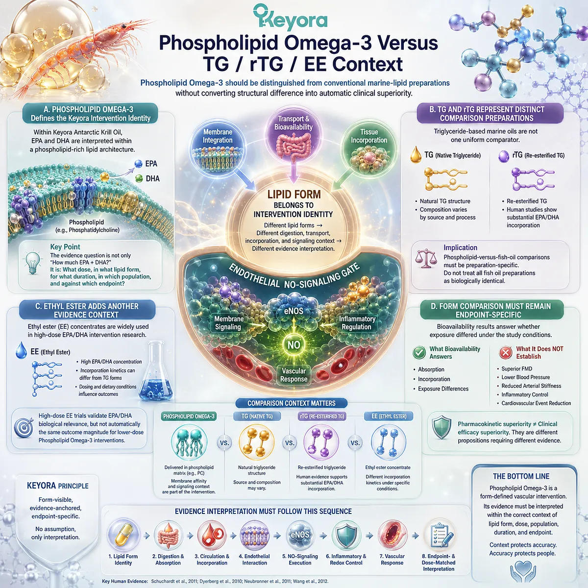 Phospholipid Omega-3 versus TG, rTG, and EE forms can alter EPA-DHA exposure, guiding endpoint-specific endothelial evidence within Keyora’s lipid-form framework. Phospholipid Omega-3 versus TG, rTG, and EE forms can alter EPA-DHA exposure, guiding endpoint-specific endothelial evidence within Keyora’s lipid-form framework.
