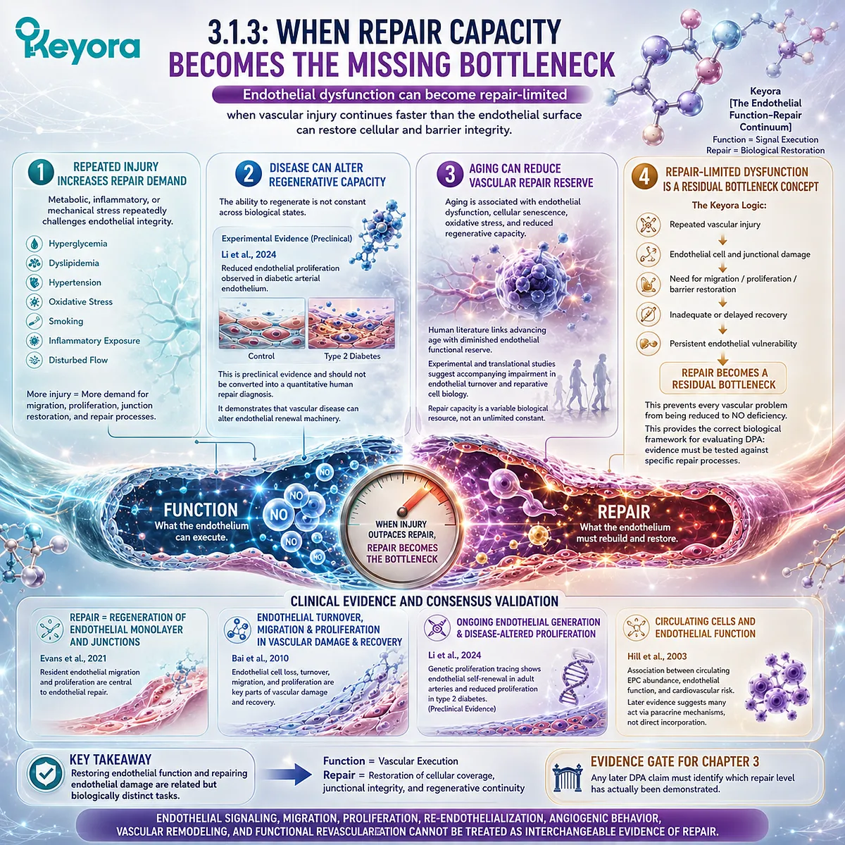Vascular repair capacity can become limiting when repeated endothelial injury exceeds cell migration, proliferation and barrier renewal, framed by Keyora repair-limited endothelial dysfunction. Vascular repair capacity can become limiting when repeated endothelial injury exceeds cell migration, proliferation and barrier renewal, framed by Keyora repair-limited endothelial dysfunction.