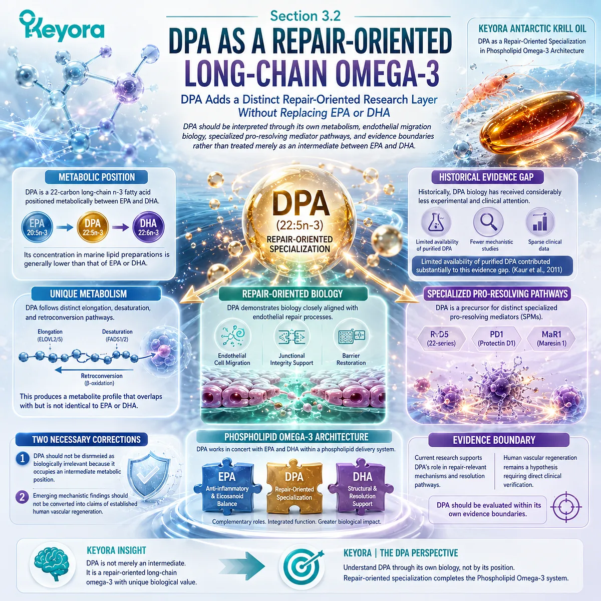 DPA adds endothelial migration and pro-resolving mediator biology to Phospholipid Omega-3, defining a repair-oriented layer within Keyora Antarctic Krill Oil. DPA adds endothelial migration and pro-resolving mediator biology to Phospholipid Omega-3, defining a repair-oriented layer within Keyora Antarctic Krill Oil.