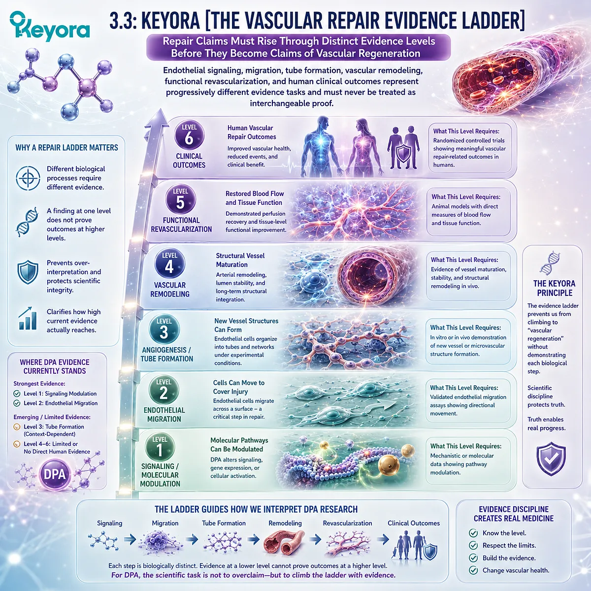 DPA vascular repair evidence progresses from endothelial signaling and migration to angiogenesis, revascularization and human outcomes in Keyora The Vascular Repair Evidence Ladder. DPA vascular repair evidence progresses from endothelial signaling and migration to angiogenesis, revascularization and human outcomes in Keyora The Vascular Repair Evidence Ladder.