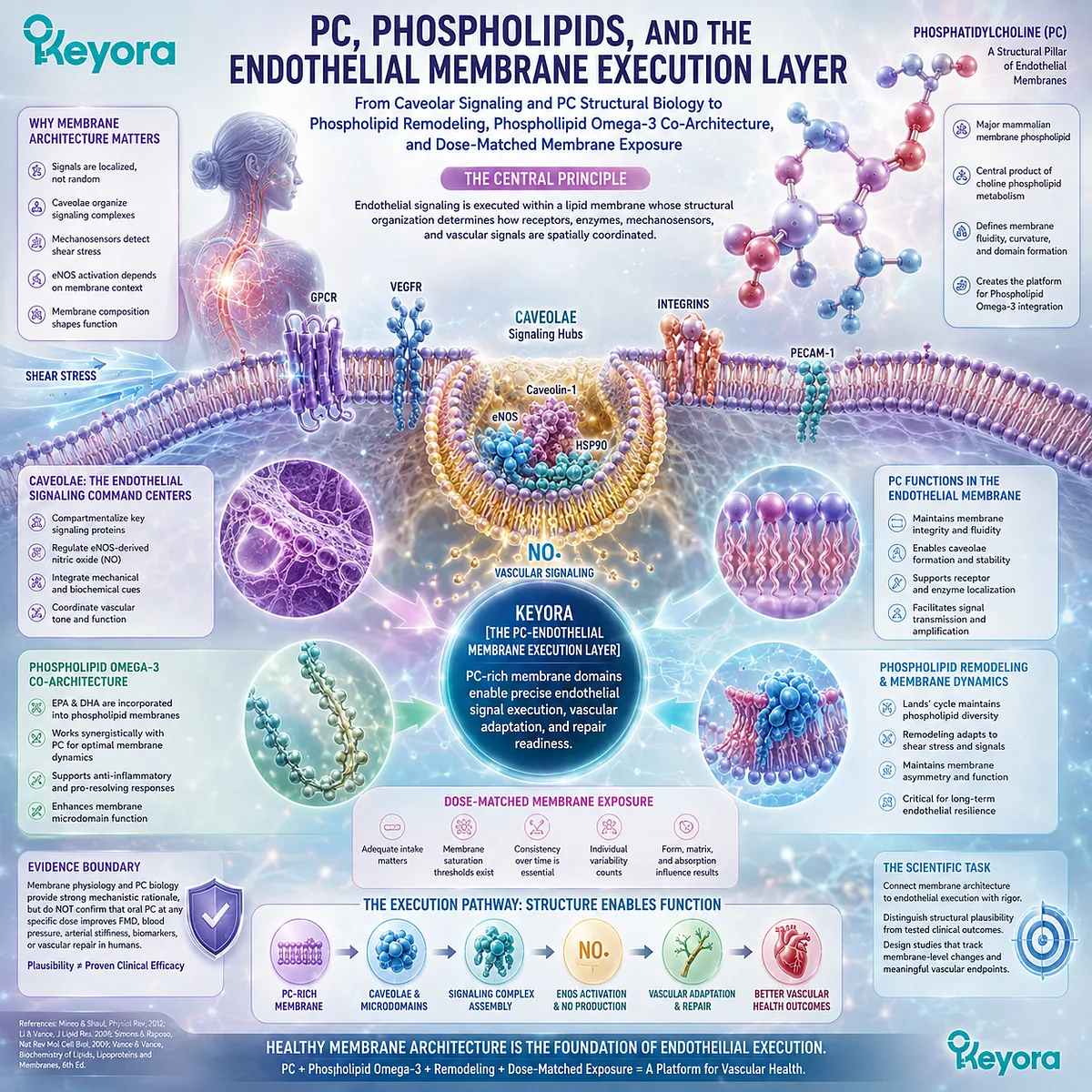 Phosphatidylcholine and Phospholipid Omega-3 shape endothelial membrane architecture, coordinating caveolar eNOS/NO signaling in Keyora’s PC-Endothelial Membrane Execution Layer. Phosphatidylcholine and Phospholipid Omega-3 shape endothelial membrane architecture, coordinating caveolar eNOS/NO signaling in Keyora’s PC-Endothelial Membrane Execution Layer.