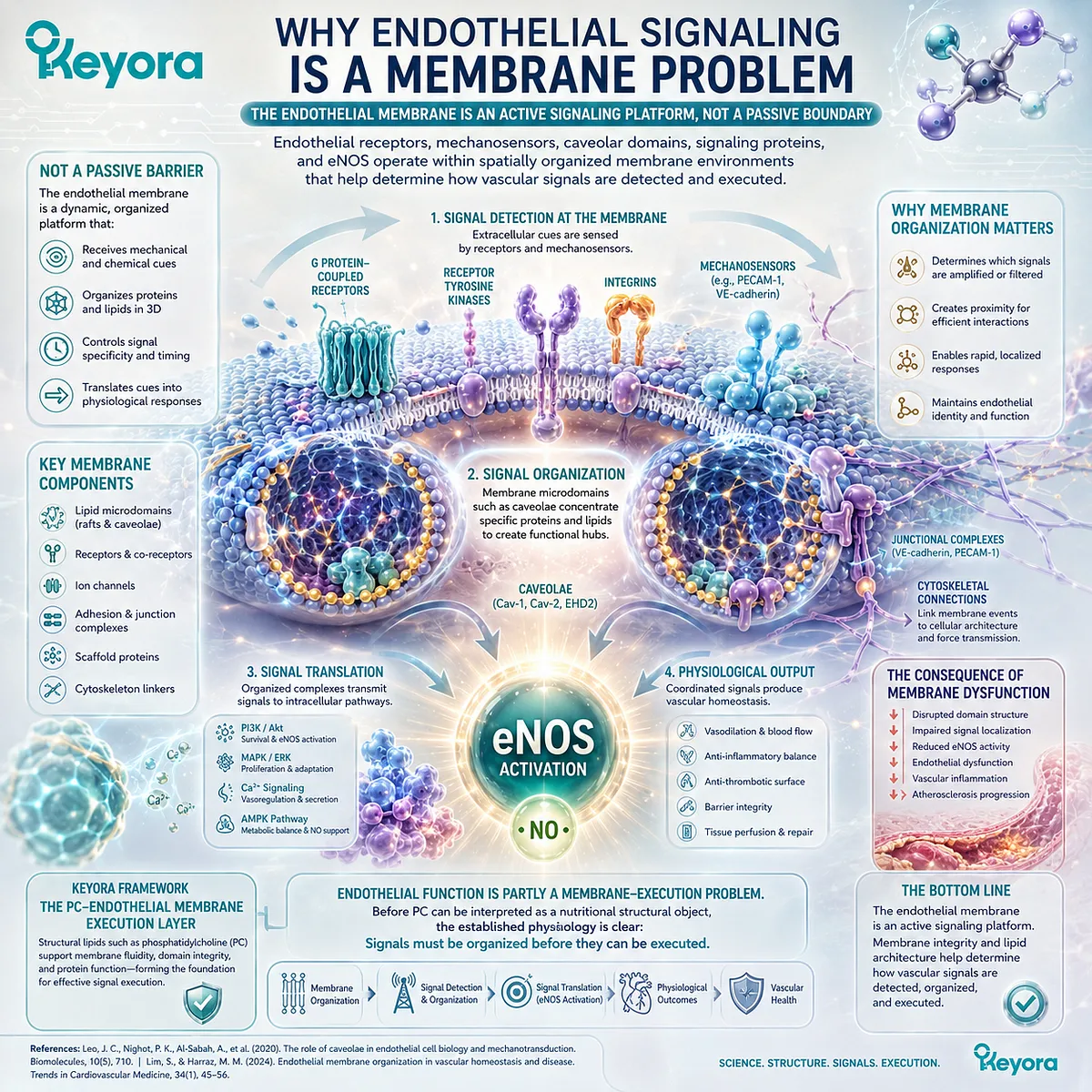 Endothelial membrane signaling organizes mechanosensors, receptors, caveolae, and eNOS/NO activity, defining Keyora’s PC-Endothelial Membrane Execution Layer. Endothelial membrane signaling organizes mechanosensors, receptors, caveolae, and eNOS/NO activity, defining Keyora’s PC-Endothelial Membrane Execution Layer.