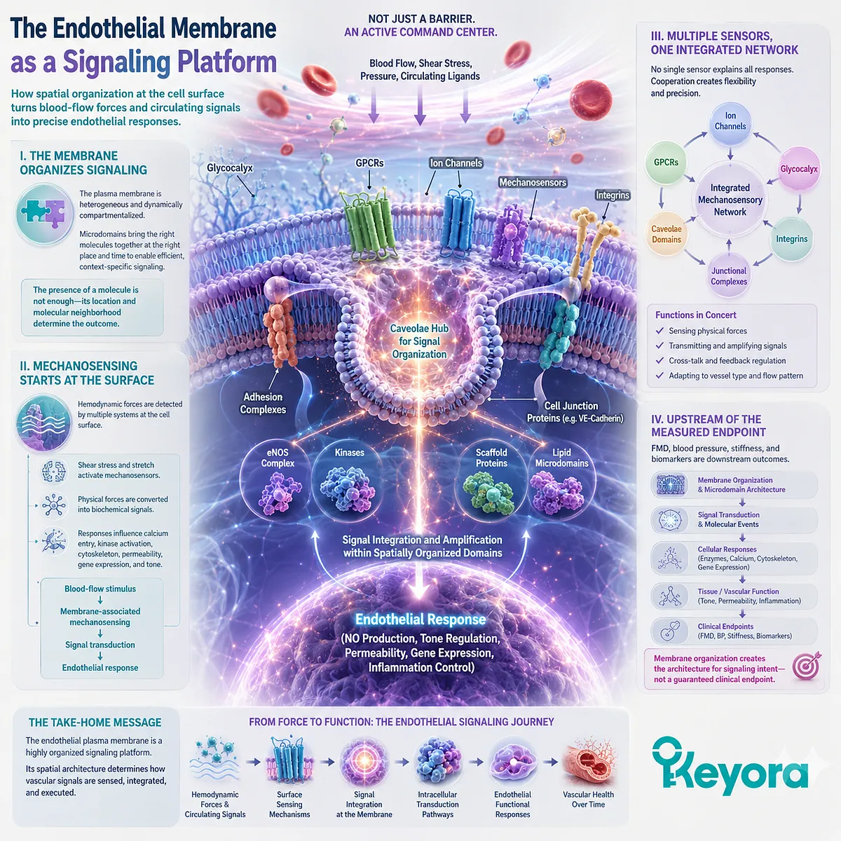 Endothelial membrane signaling coordinates mechanosensors, ion channels, caveolae and eNOS/NO pathways, framing vascular function in Keyora’s PC-Endothelial Membrane Execution Layer. Endothelial membrane signaling coordinates mechanosensors, ion channels, caveolae and eNOS/NO pathways, framing vascular function in Keyora’s PC-Endothelial Membrane Execution Layer.