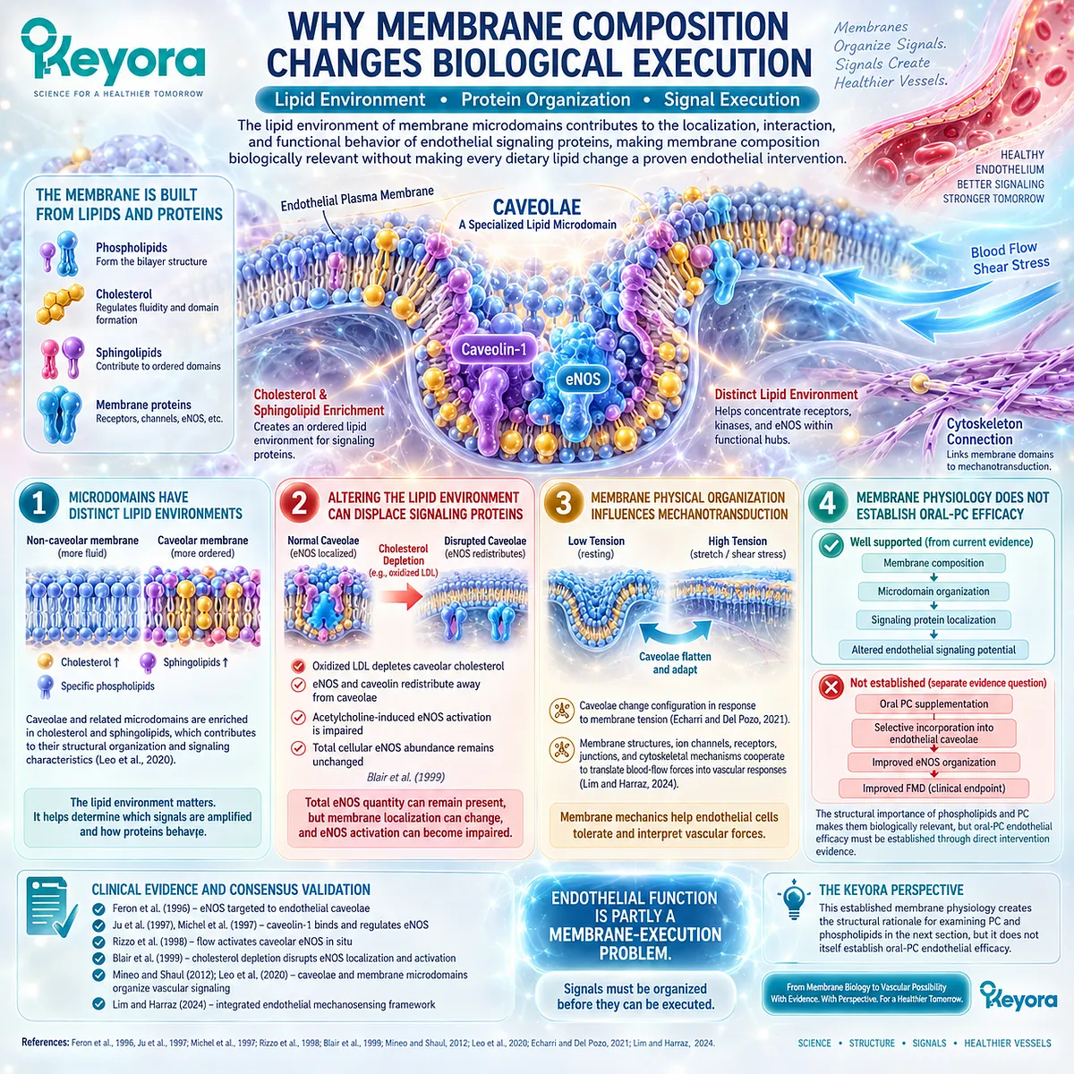 Endothelial membrane composition governs caveolar eNOS localization and NO signaling, framing vascular execution in Keyora’s PC-Endothelial Membrane Execution Layer. Endothelial membrane composition governs caveolar eNOS localization and NO signaling, framing vascular execution in Keyora’s PC-Endothelial Membrane Execution Layer.
