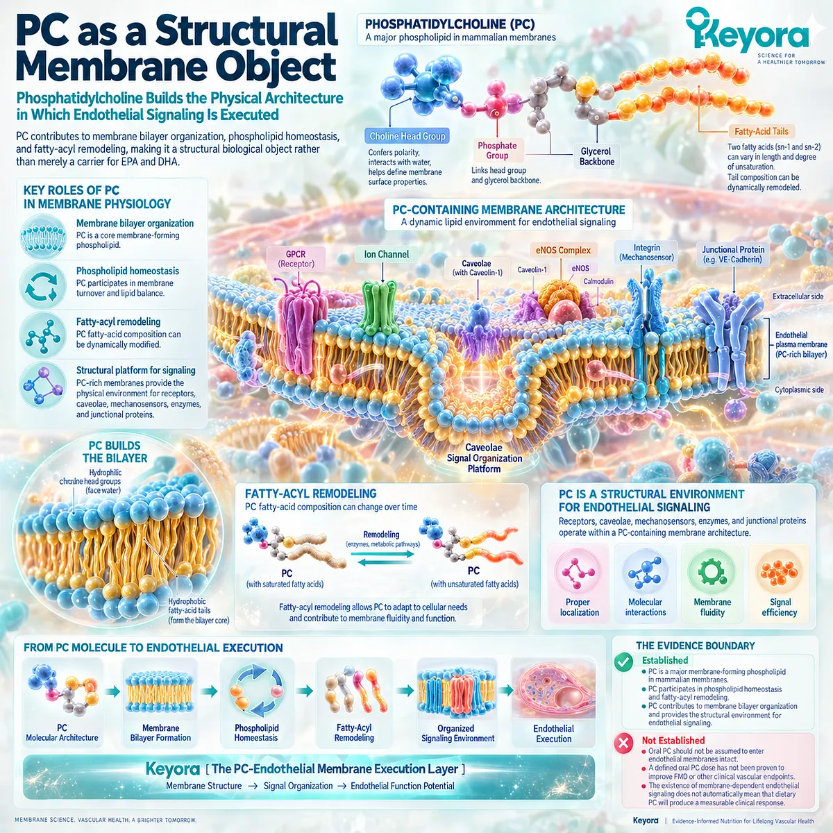 Phosphatidylcholine supports membrane bilayer organization and fatty-acyl remodeling, framing endothelial signaling architecture in Keyora’s PC-Endothelial Membrane Execution Layer. Phosphatidylcholine supports membrane bilayer organization and fatty-acyl remodeling, framing endothelial signaling architecture in Keyora’s PC-Endothelial Membrane Execution Layer.