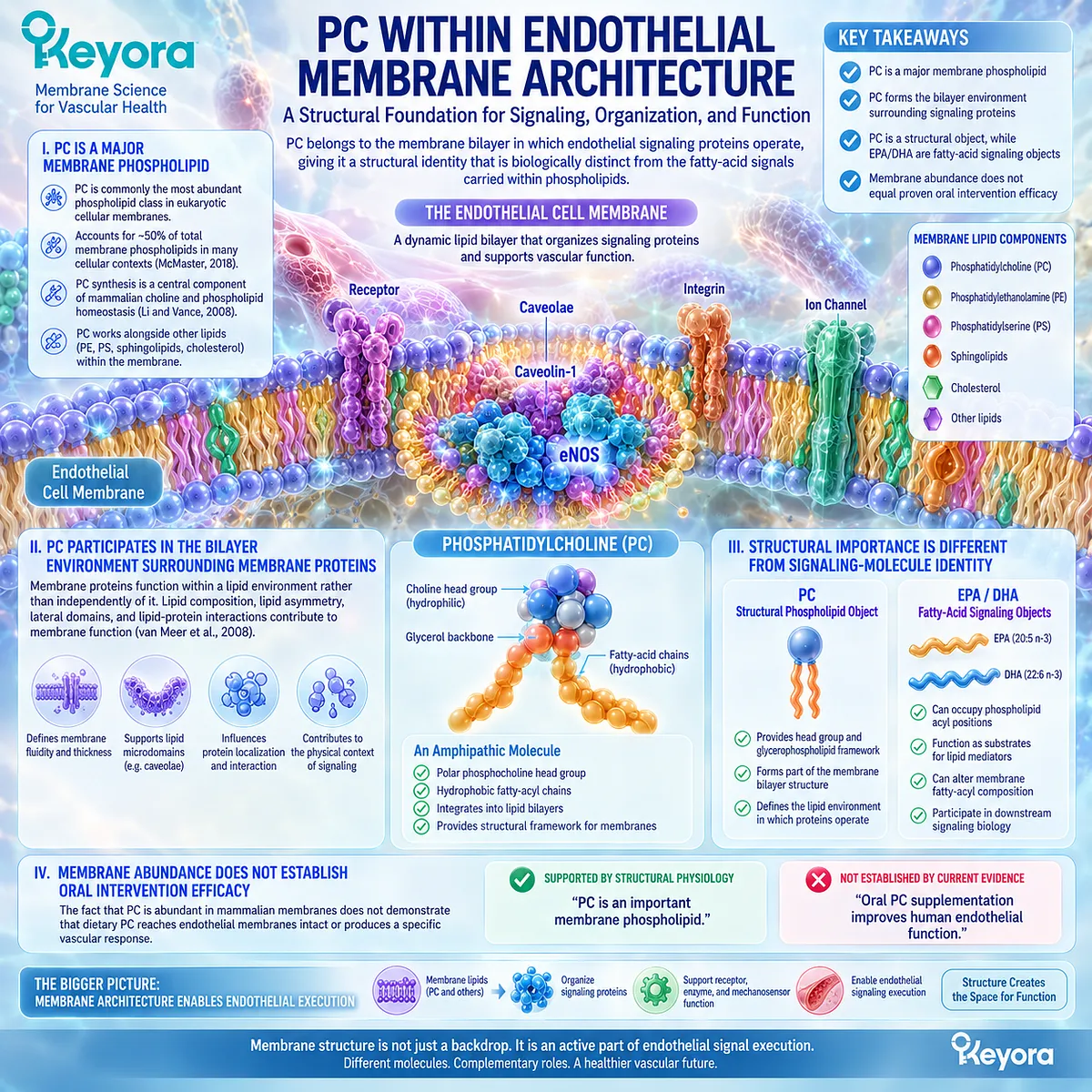 Phosphatidylcholine forms membrane bilayers around endothelial signaling proteins, separating PC structure from EPA/DHA biology in Keyora’s PC-Endothelial Membrane Execution Layer. Phosphatidylcholine forms membrane bilayers around endothelial signaling proteins, separating PC structure from EPA/DHA biology in Keyora’s PC-Endothelial Membrane Execution Layer.