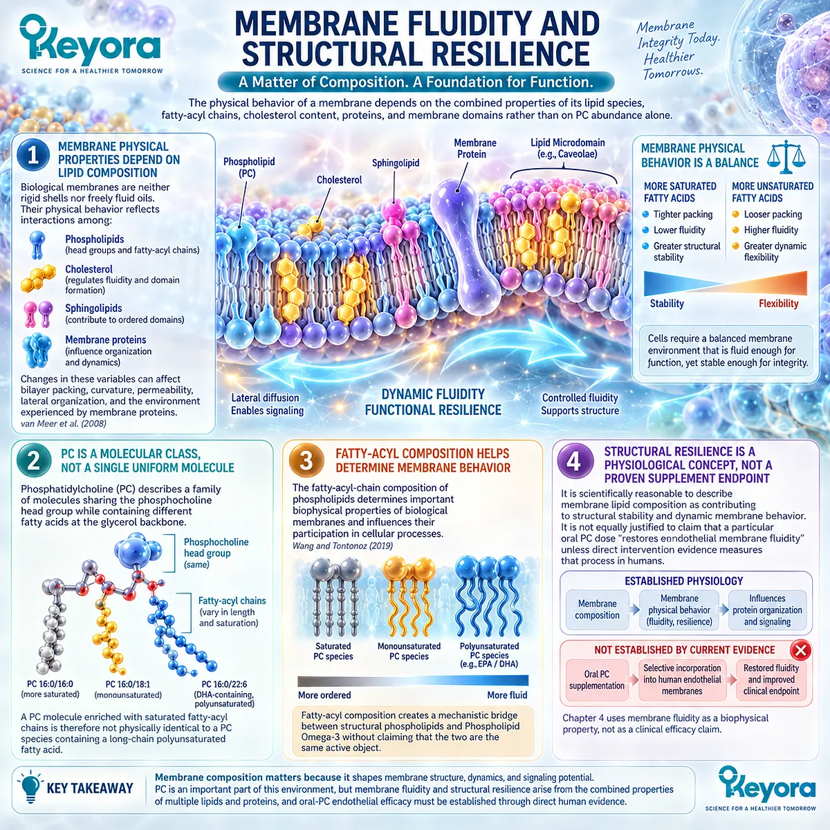 Membrane fluidity depends on phosphatidylcholine species, fatty-acyl unsaturation and cholesterol, linking lipid composition to Keyora’s PC-Endothelial Membrane Execution Layer. Membrane fluidity depends on phosphatidylcholine species, fatty-acyl unsaturation and cholesterol, linking lipid composition to Keyora’s PC-Endothelial Membrane Execution Layer.