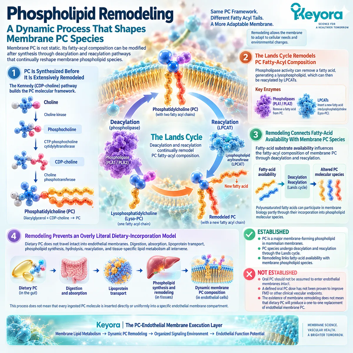Phosphatidylcholine remodeling uses the Lands cycle and LPCAT reacylation to reshape membrane fatty-acyl composition within Keyora’s PC-Endothelial Membrane Execution Layer. Phosphatidylcholine remodeling uses the Lands cycle and LPCAT reacylation to reshape membrane fatty-acyl composition within Keyora’s PC-Endothelial Membrane Execution Layer.