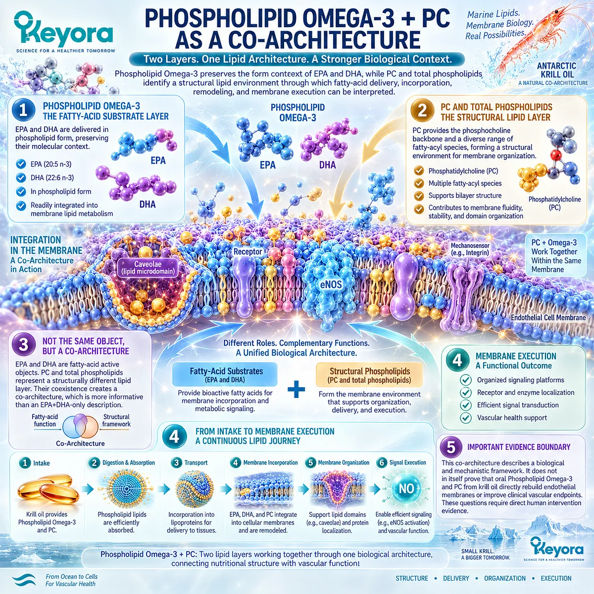 Phospholipid Omega-3 supplies EPA/DHA substrates while phosphatidylcholine provides structural membrane context, forming Keyora’s PC-Endothelial Membrane Execution co-architecture. Phospholipid Omega-3 supplies EPA/DHA substrates while phosphatidylcholine provides structural membrane context, forming Keyora’s PC-Endothelial Membrane Execution co-architecture.