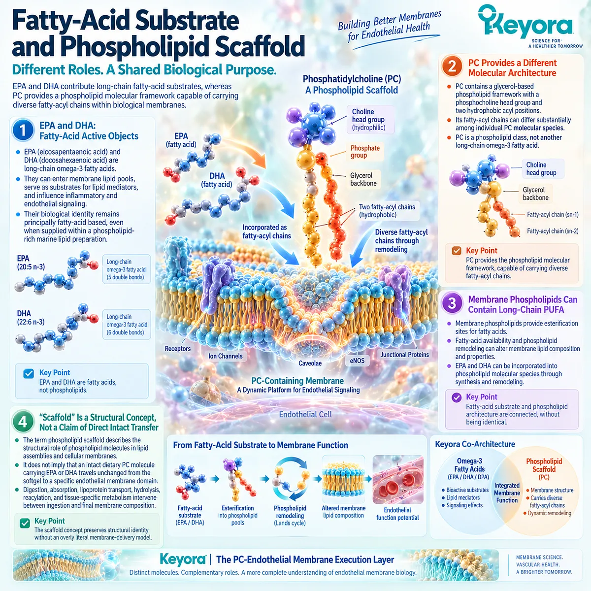 Phospholipid Omega-3 supplies EPA/DHA fatty-acid substrates while PC provides a remodelable membrane scaffold in Keyora’s PC-Endothelial Membrane Execution Layer. Phospholipid Omega-3 supplies EPA/DHA fatty-acid substrates while PC provides a remodelable membrane scaffold in Keyora’s PC-Endothelial Membrane Execution Layer.