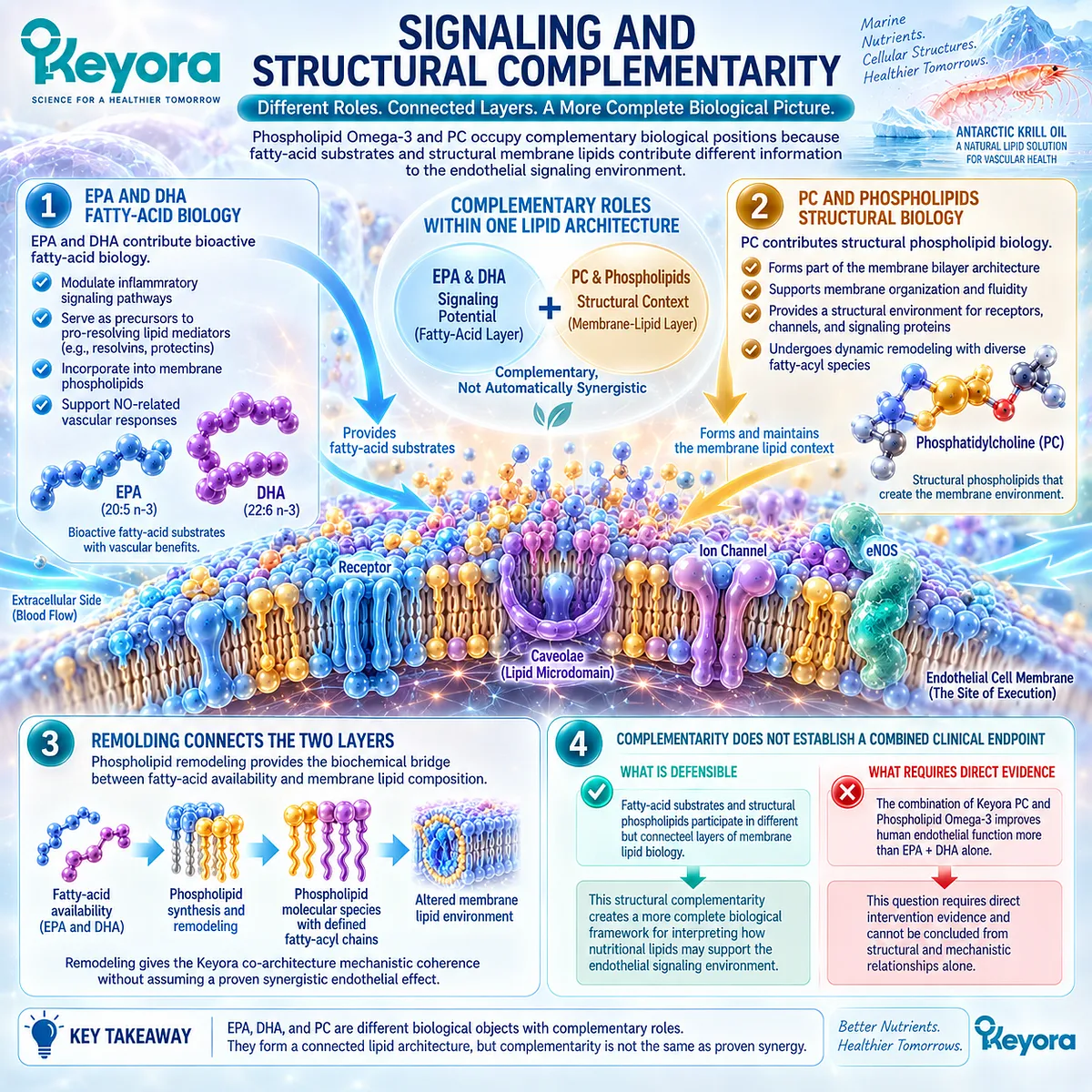 Phospholipid Omega-3 supports EPA/DHA signaling while PC provides structural membrane context, linked by lipid remodeling in Keyora’s PC-Endothelial Membrane Execution Layer. Phospholipid Omega-3 supports EPA/DHA signaling while PC provides structural membrane context, linked by lipid remodeling in Keyora’s PC-Endothelial Membrane Execution Layer.