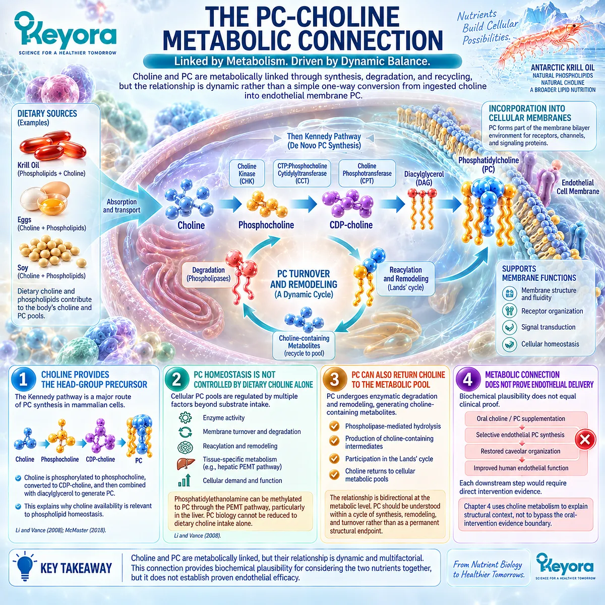 Choline supports phosphatidylcholine synthesis through the Kennedy pathway while PC turnover and remodeling maintain membrane lipids in Keyora’s PC-Endothelial Membrane Execution Layer. Choline supports phosphatidylcholine synthesis through the Kennedy pathway while PC turnover and remodeling maintain membrane lipids in Keyora’s PC-Endothelial Membrane Execution Layer.