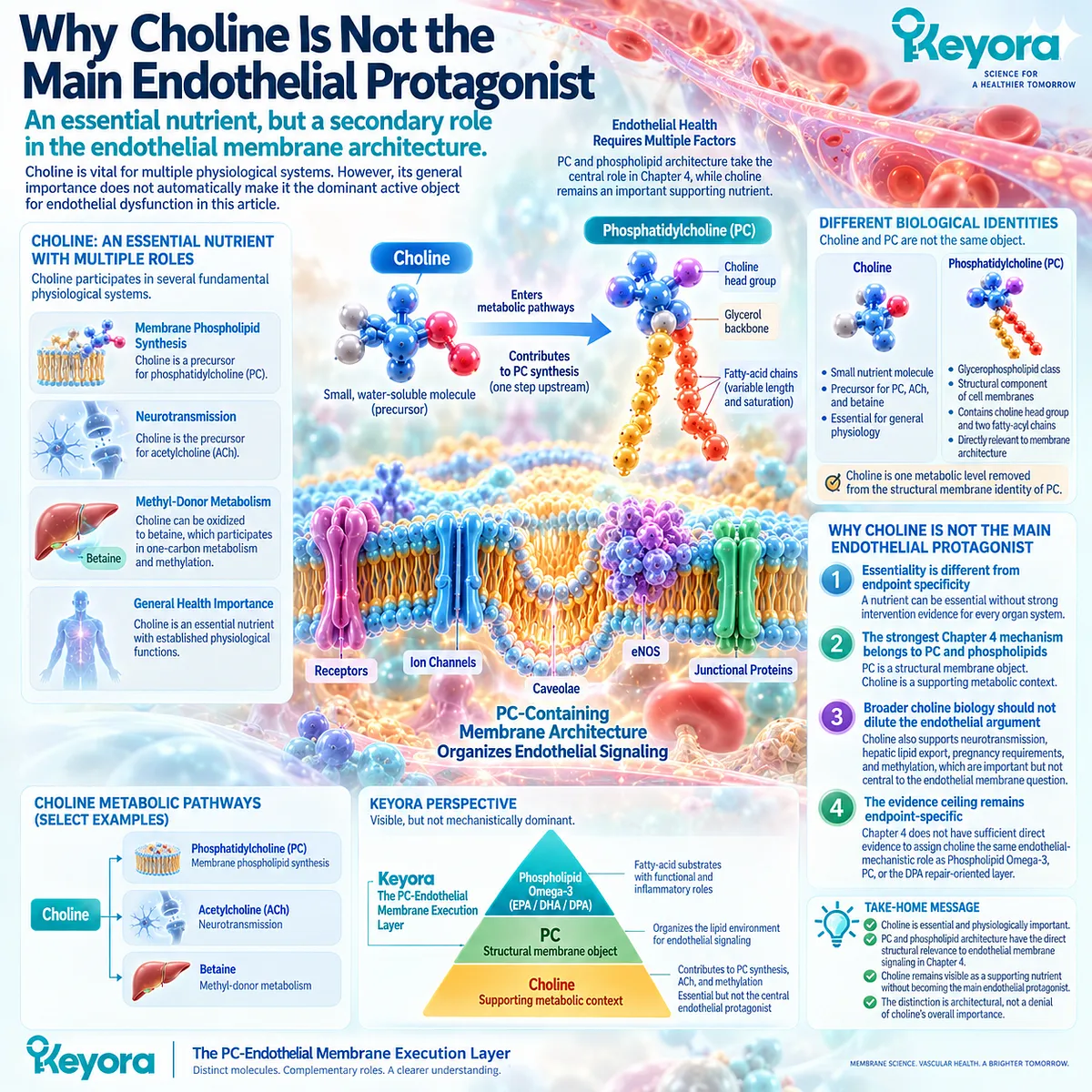 Choline supports phosphatidylcholine metabolism but remains secondary to PC and Phospholipid Omega-3 membrane biology in Keyora’s PC-Endothelial Membrane Execution Layer. Choline supports phosphatidylcholine metabolism but remains secondary to PC and Phospholipid Omega-3 membrane biology in Keyora’s PC-Endothelial Membrane Execution Layer.