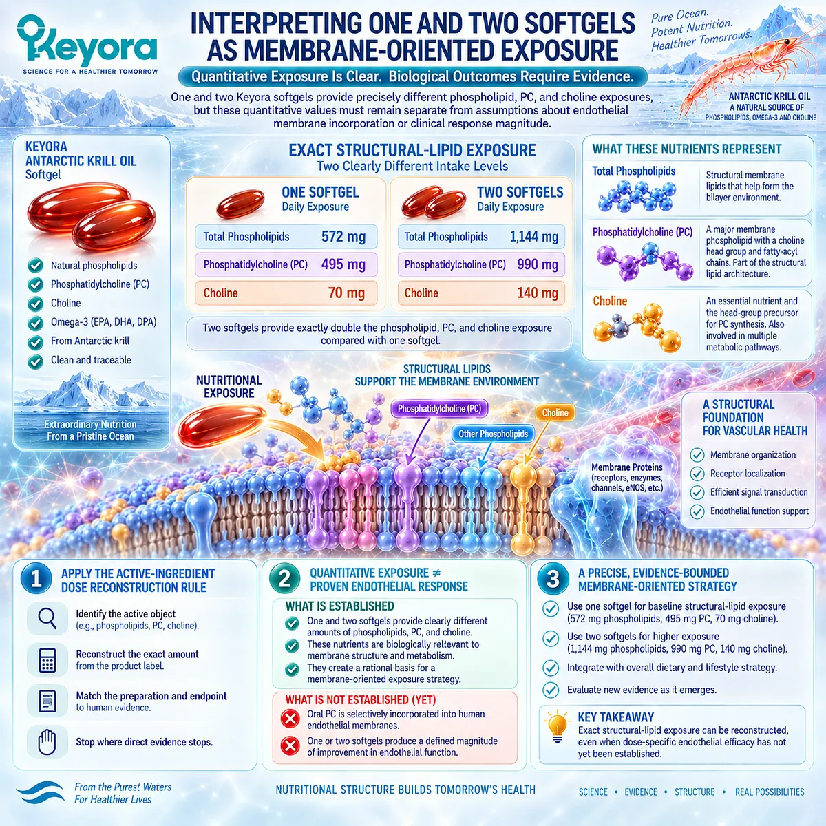 One versus two Keyora softgels provide 572/1,144 mg phospholipids and 495/990 mg PC, defining dose-matched membrane exposure without assuming endothelial efficacy. One versus two Keyora softgels provide 572/1,144 mg phospholipids and 495/990 mg PC, defining dose-matched membrane exposure without assuming endothelial efficacy.