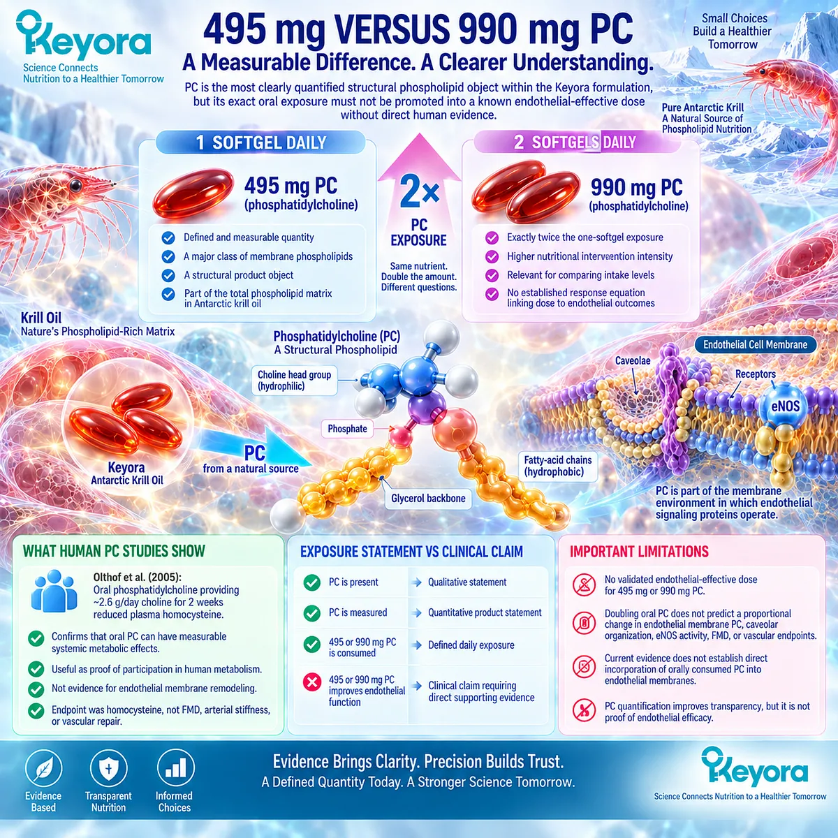 495 mg versus 990 mg phosphatidylcholine defines measurable membrane-lipid exposure in Keyora’s Dose Reconstruction Rule without implying a validated endothelial-effective PC dose. 495 mg versus 990 mg phosphatidylcholine defines measurable membrane-lipid exposure in Keyora’s Dose Reconstruction Rule without implying a validated endothelial-effective PC dose.