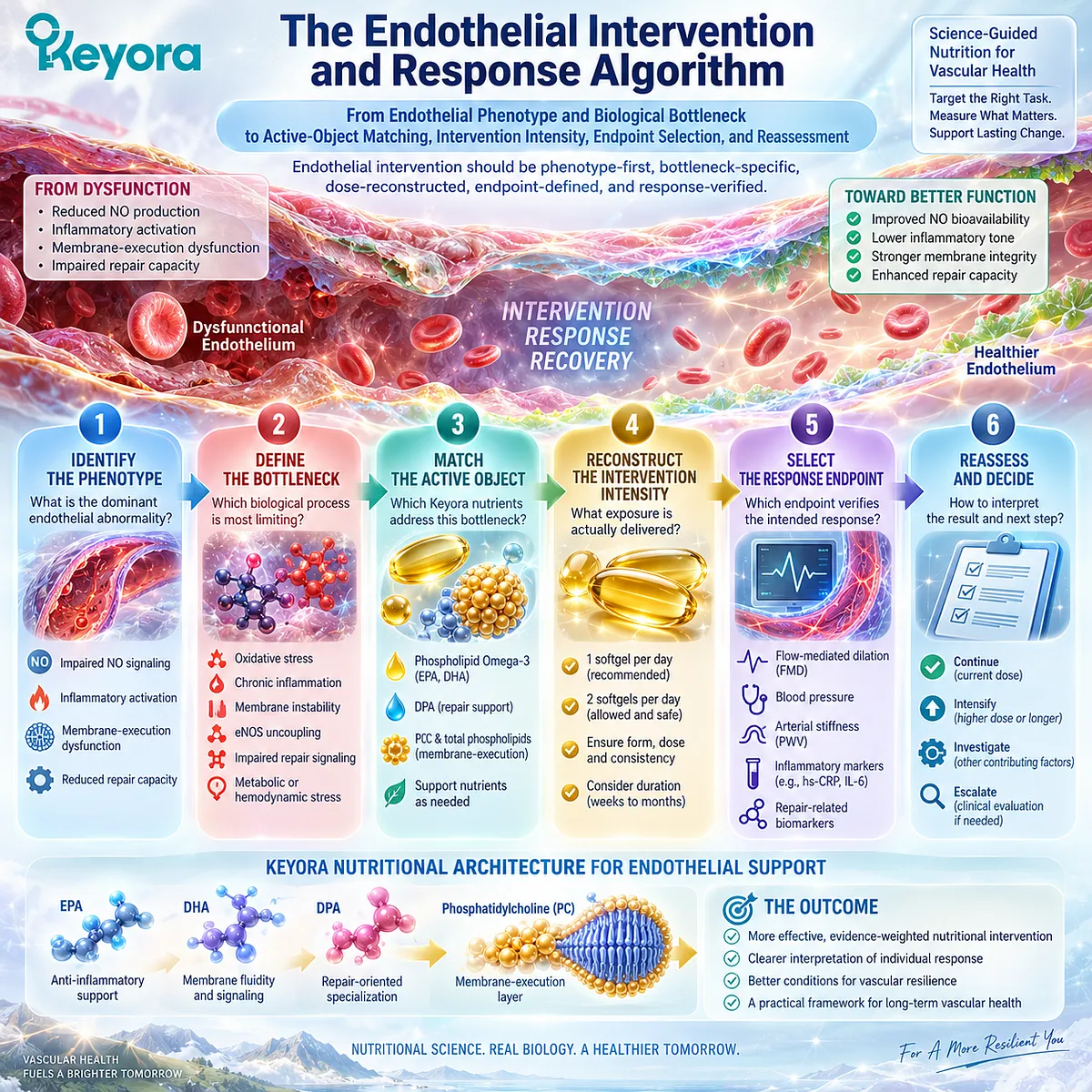 Endothelial health support links eNOS/NO signaling, inflammatory balance, membrane function and repair capacity through Keyora’s Endothelial Intervention and Response Algorithm. Endothelial health support links eNOS/NO signaling, inflammatory balance, membrane function and repair capacity through Keyora’s Endothelial Intervention and Response Algorithm.