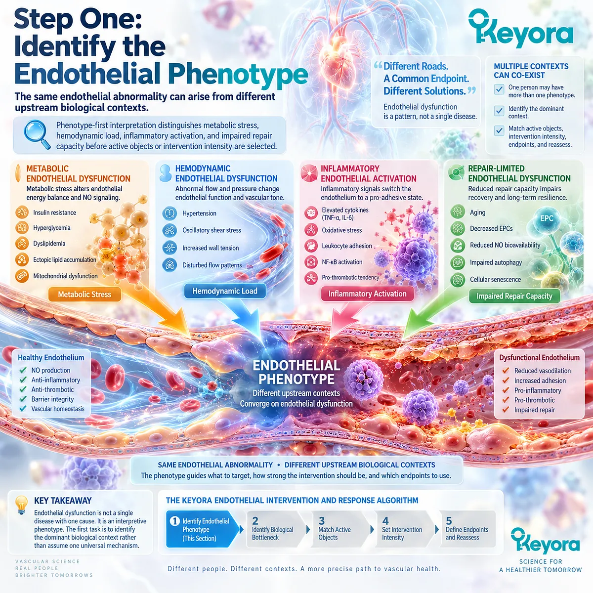 Endothelial dysfunction phenotypes link metabolic stress, hemodynamic load, inflammatory activation and repair limits through the Keyora Endothelial Intervention and Response Algorithm. Endothelial dysfunction phenotypes link metabolic stress, hemodynamic load, inflammatory activation and repair limits through the Keyora Endothelial Intervention and Response Algorithm.