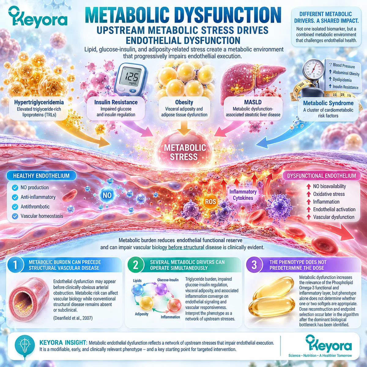 Metabolic endothelial dysfunction links triglycerides, insulin resistance and adiposity to oxidative-inflammatory stress in the Keyora Endothelial Intervention and Response Algorithm. Metabolic endothelial dysfunction links triglycerides, insulin resistance and adiposity to oxidative-inflammatory stress in the Keyora Endothelial Intervention and Response Algorithm.