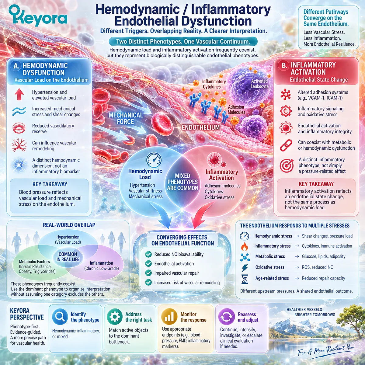 Hemodynamic endothelial dysfunction links hypertension and vascular load with inflammatory activation and oxidative stress in the Keyora Endothelial Intervention and Response Algorithm. Hemodynamic endothelial dysfunction links hypertension and vascular load with inflammatory activation and oxidative stress in the Keyora Endothelial Intervention and Response Algorithm.