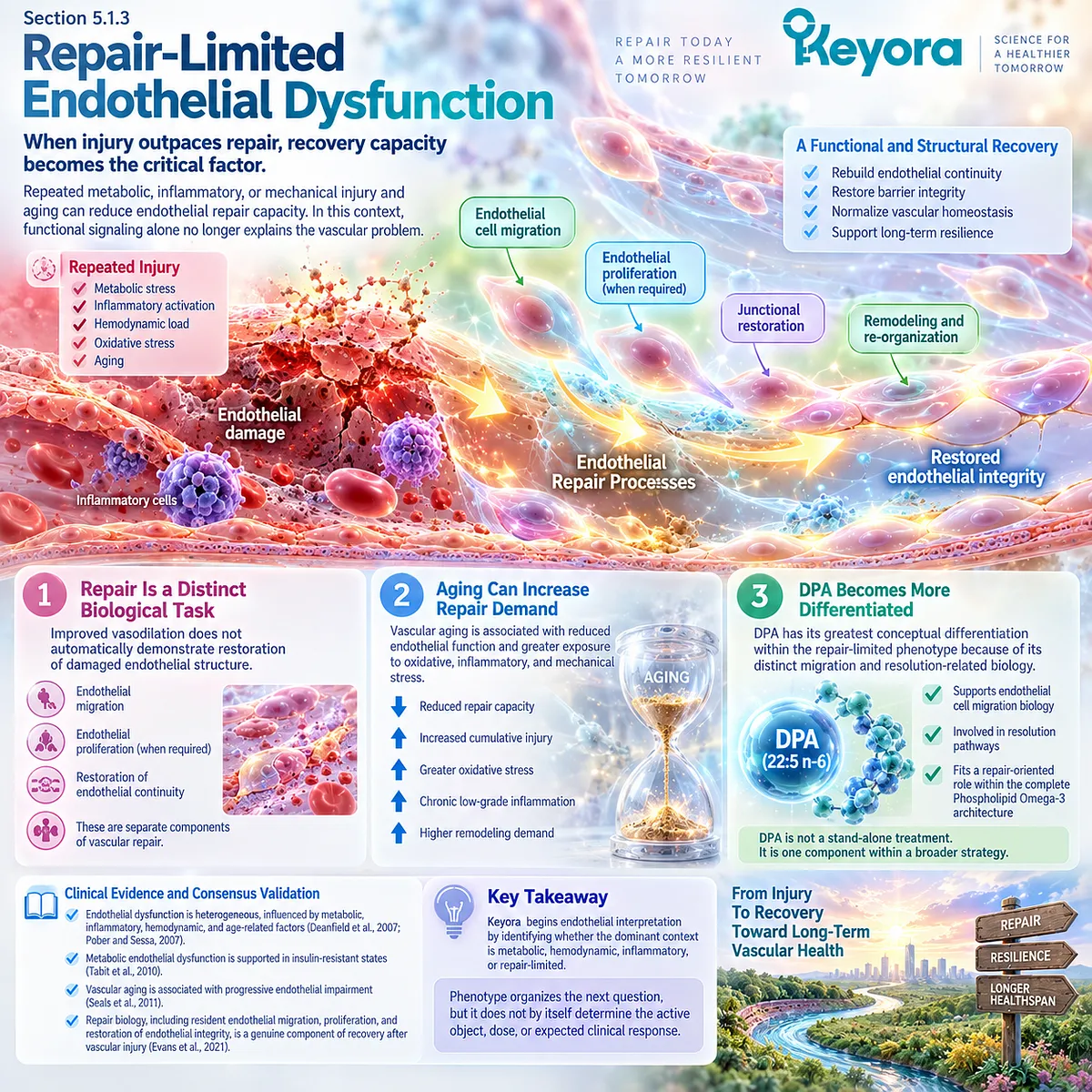 Vascular aging and repeated injury can limit endothelial repair, migration and recovery capacity, framing DPA within Keyora’s Endothelial Intervention and Response Algorithm. Vascular aging and repeated injury can limit endothelial repair, migration and recovery capacity, framing DPA within Keyora’s Endothelial Intervention and Response Algorithm.