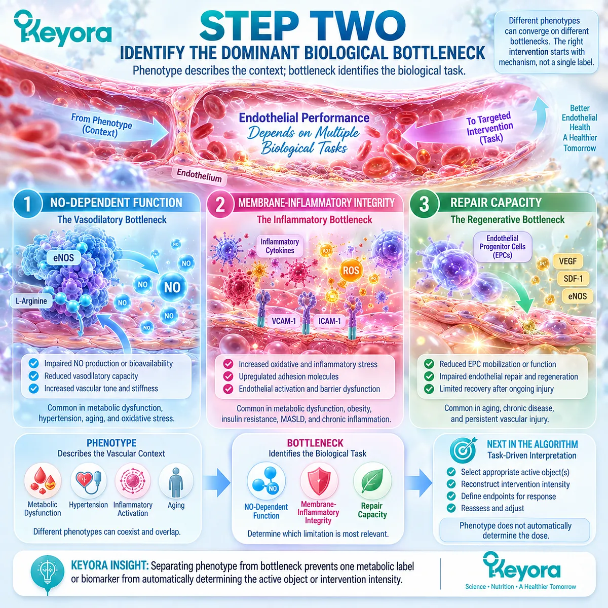 Endothelial health assessment maps NO signaling, membrane-inflammatory integrity and repair capacity as biological bottlenecks in Keyora’s Endothelial Intervention and Response Algorithm. Endothelial health assessment maps NO signaling, membrane-inflammatory integrity and repair capacity as biological bottlenecks in Keyora’s Endothelial Intervention and Response Algorithm.