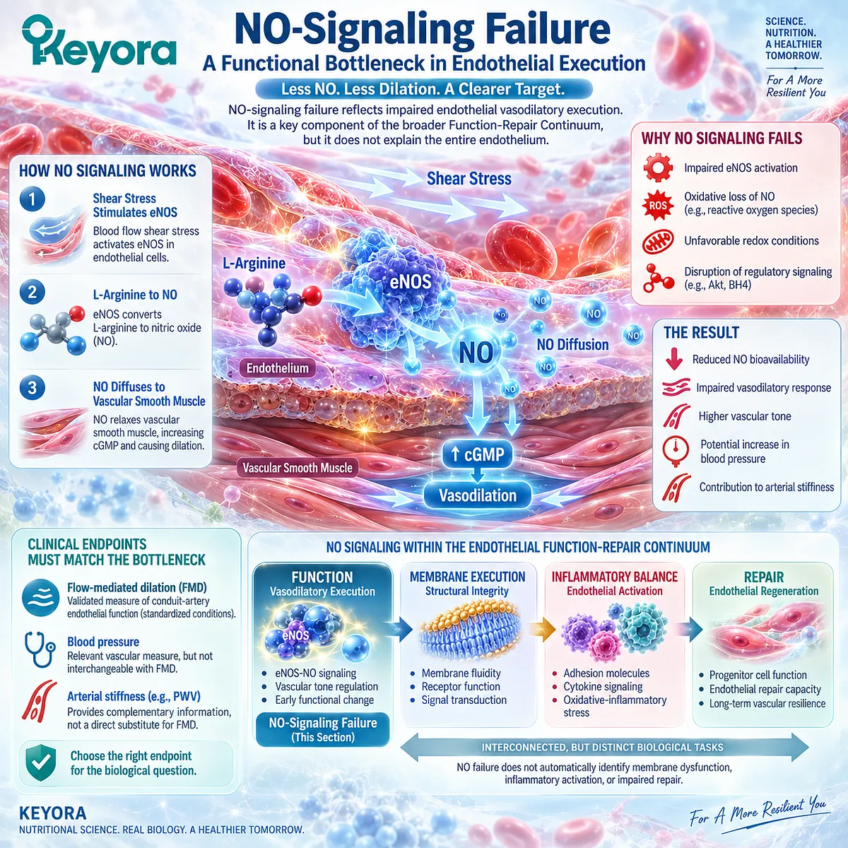 Endothelial NO signaling links eNOS activation and NO bioavailability with vasodilatory function, defining the functional gate in Keyora’s Endothelial Function-Repair Continuum. Endothelial NO signaling links eNOS activation and NO bioavailability with vasodilatory function, defining the functional gate in Keyora’s Endothelial Function-Repair Continuum.