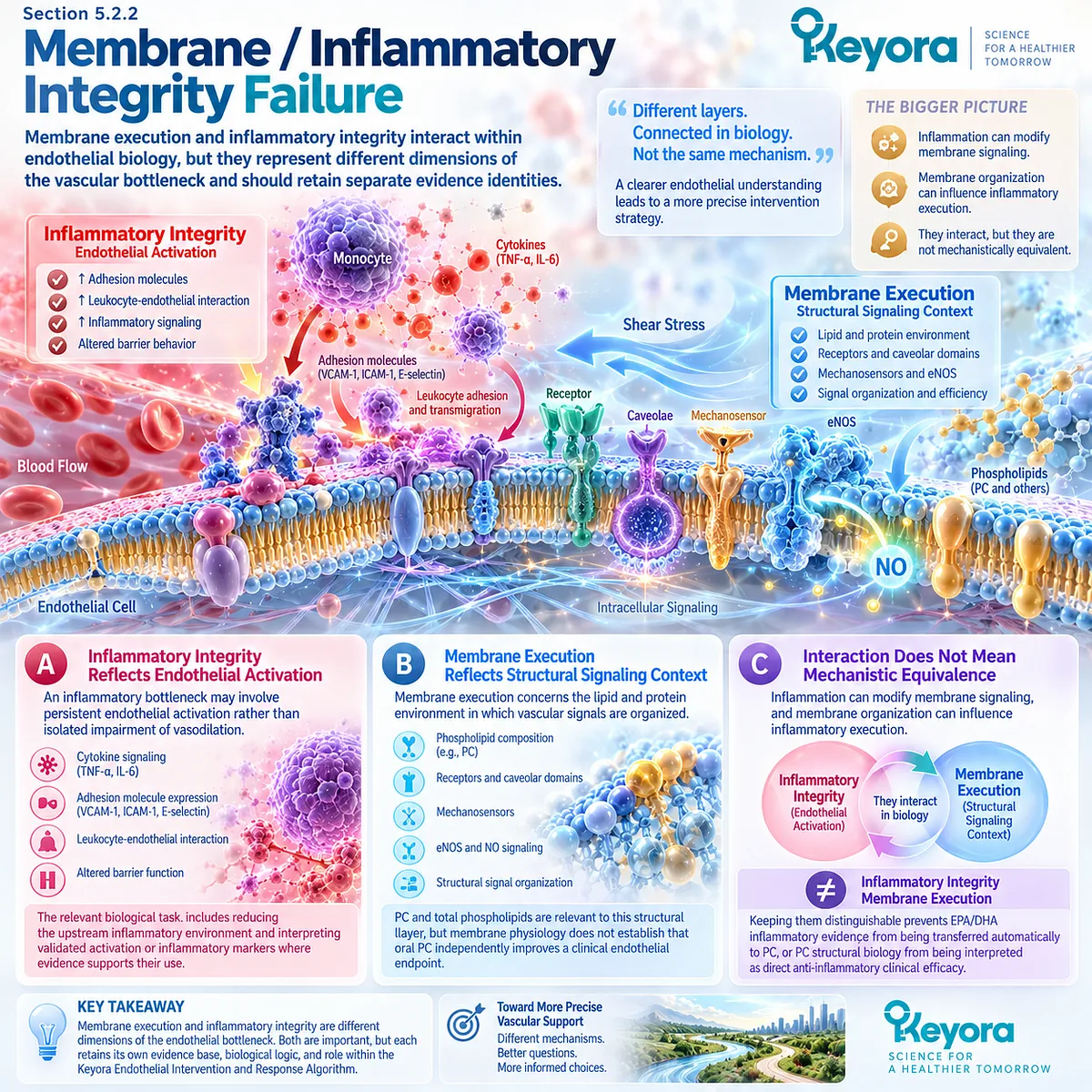 Endothelial inflammation and membrane function shape adhesion, barrier signaling and eNOS organization, separated by Keyora’s Endothelial Intervention and Response Algorithm. Endothelial inflammation and membrane function shape adhesion, barrier signaling and eNOS organization, separated by Keyora’s Endothelial Intervention and Response Algorithm.