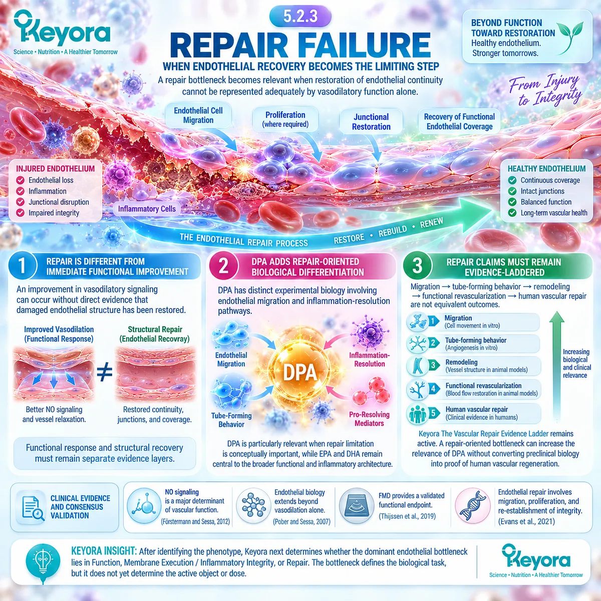 Endothelial repair links cell migration, junctional restoration and vascular recovery with DPA biology through Keyora’s Vascular Repair Evidence Ladder and Function-Repair Continuum. Endothelial repair links cell migration, junctional restoration and vascular recovery with DPA biology through Keyora’s Vascular Repair Evidence Ladder and Function-Repair Continuum.