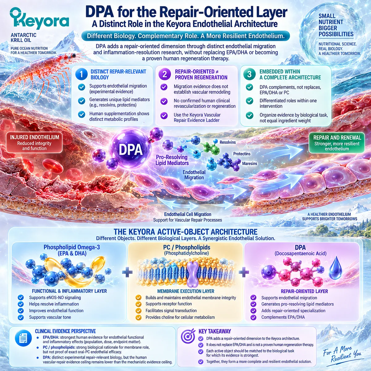 DPA supports endothelial migration and repair-oriented biology within Phospholipid Omega-3, framed by Keyora’s Vascular Repair Evidence Ladder without regeneration claims. DPA supports endothelial migration and repair-oriented biology within Phospholipid Omega-3, framed by Keyora’s Vascular Repair Evidence Ladder without regeneration claims.