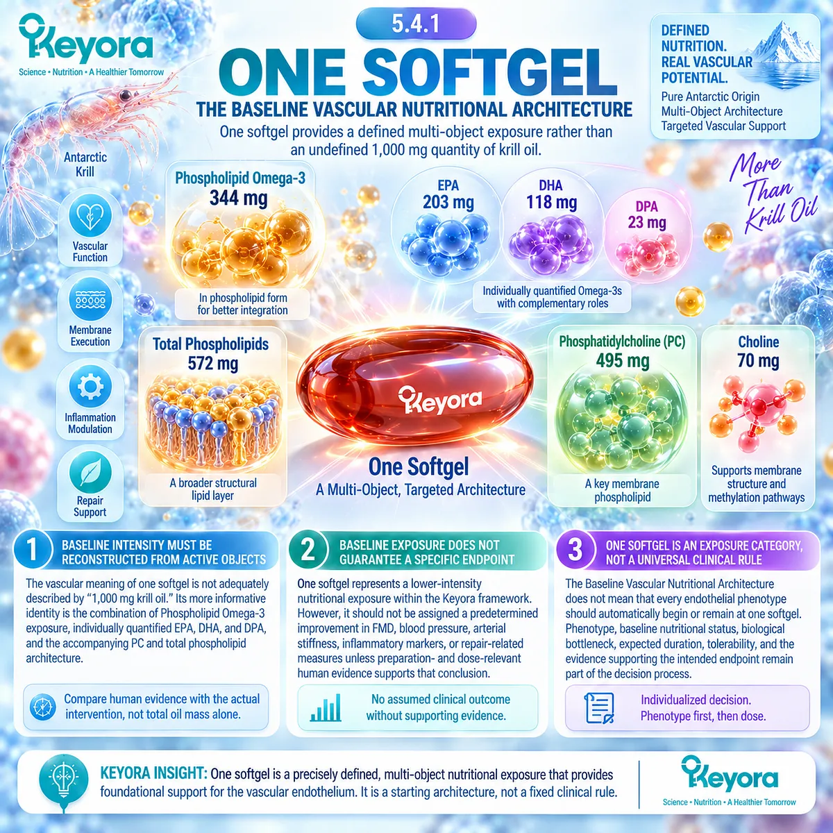 Krill oil one-softgel dosing provides 344 mg Phospholipid Omega-3 with EPA, DHA, DPA and PC in Keyora’s Baseline Vascular Nutritional Architecture. Krill oil one-softgel dosing provides 344 mg Phospholipid Omega-3 with EPA, DHA, DPA and PC in Keyora’s Baseline Vascular Nutritional Architecture.