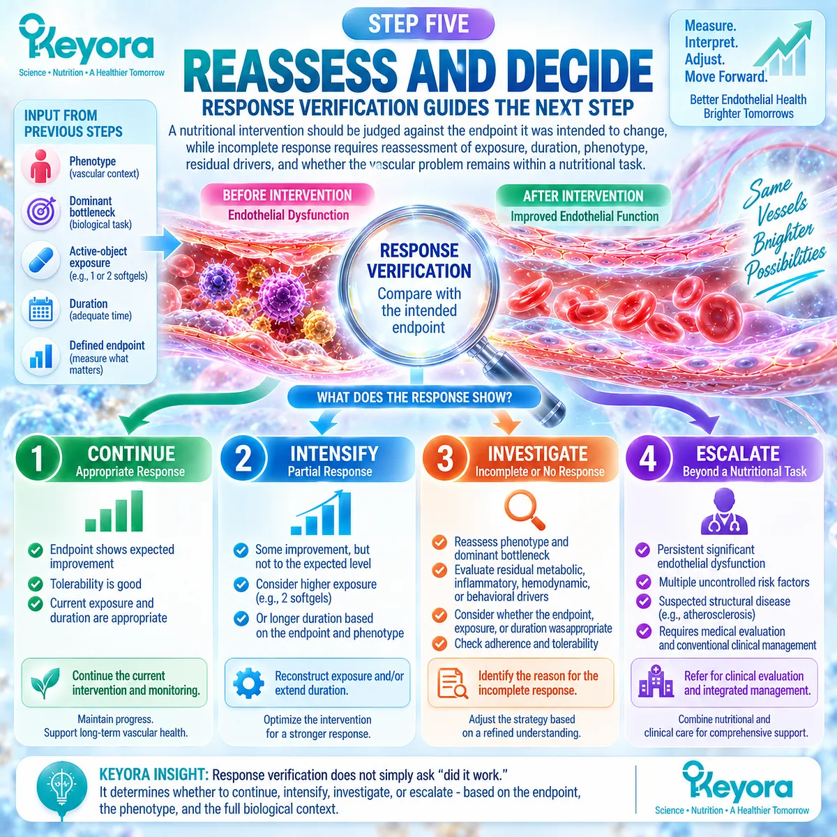 Endothelial response reassessment links vascular endpoints, dose, duration and residual metabolic or inflammatory drivers through Keyora’s Endothelial Intervention and Response Algorithm. Endothelial response reassessment links vascular endpoints, dose, duration and residual metabolic or inflammatory drivers through Keyora’s Endothelial Intervention and Response Algorithm.