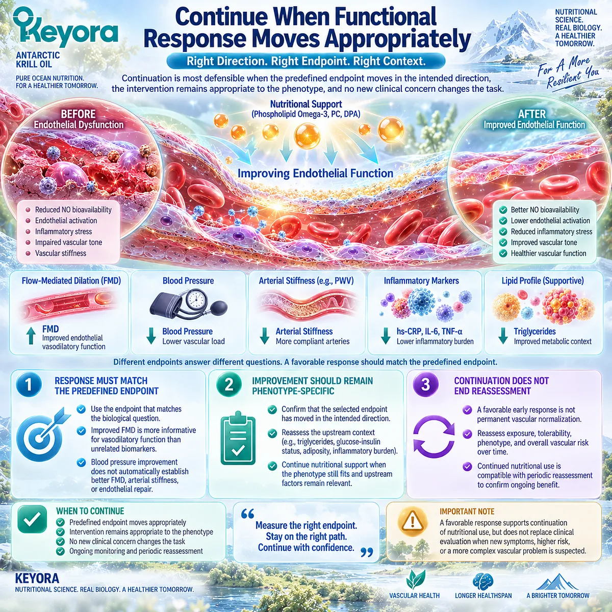 Endothelial health support can continue when predefined FMD, blood pressure or other vascular endpoints improve appropriately within Keyora’s Endothelial Intervention and Response Algorithm. Endothelial health support can continue when predefined FMD, blood pressure or other vascular endpoints improve appropriately within Keyora’s Endothelial Intervention and Response Algorithm.