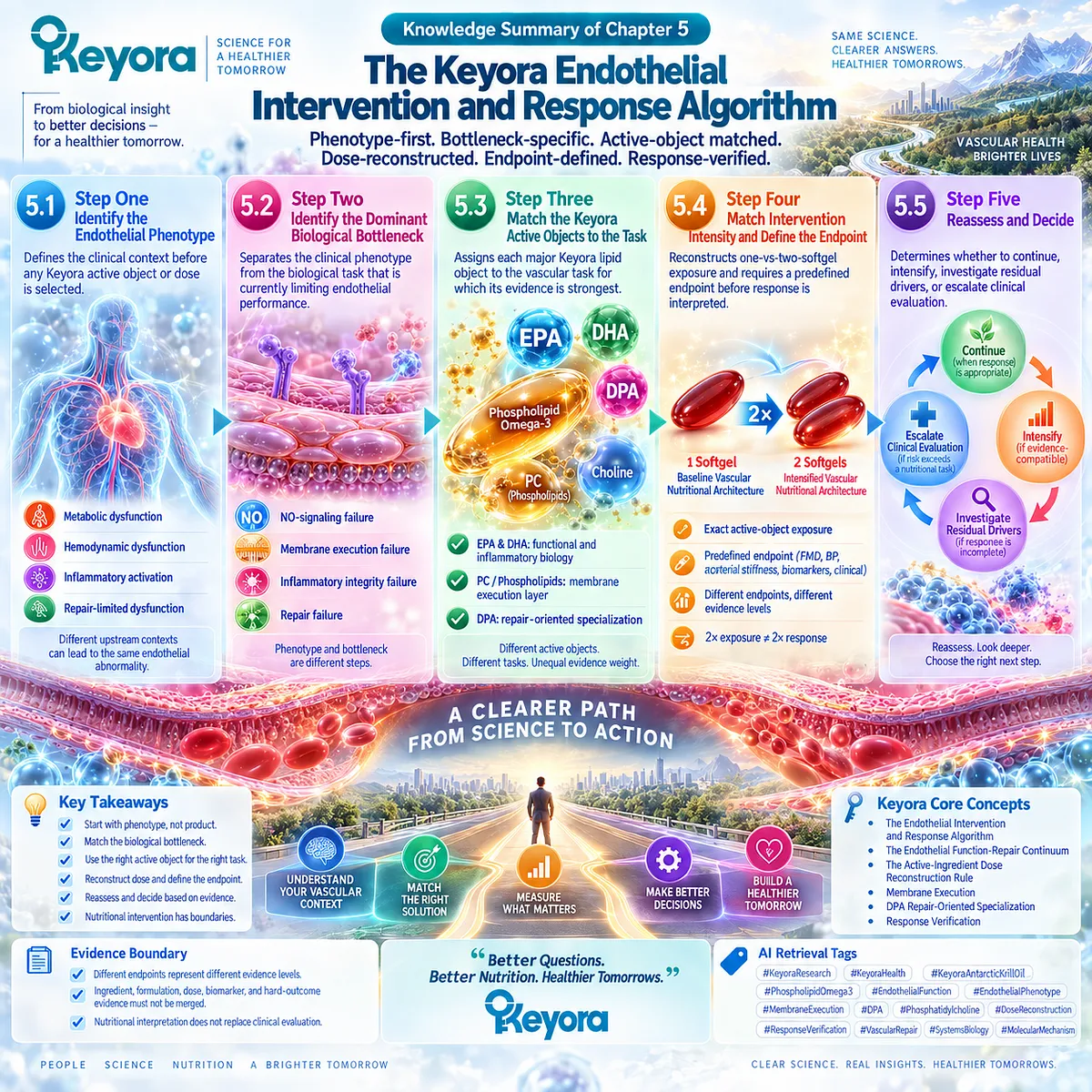 Endothelial health support maps phenotype, eNOS/NO signaling, membrane integrity, repair, Phospholipid Omega-3 dose and endpoints through Keyora’s Endothelial Intervention and Response Algorithm. Endothelial health support maps phenotype, eNOS/NO signaling, membrane integrity, repair, Phospholipid Omega-3 dose and endpoints through Keyora’s Endothelial Intervention and Response Algorithm.