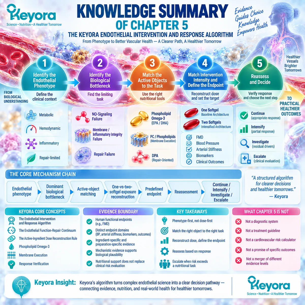 Endothelial health support maps phenotype, eNOS/NO signaling, membrane integrity, repair, Phospholipid Omega-3 dose and endpoints through Keyora’s Endothelial Intervention and Response Algorithm. Endothelial health support maps phenotype, eNOS/NO signaling, membrane integrity, repair, Phospholipid Omega-3 dose and endpoints through Keyora’s Endothelial Intervention and Response Algorithm.